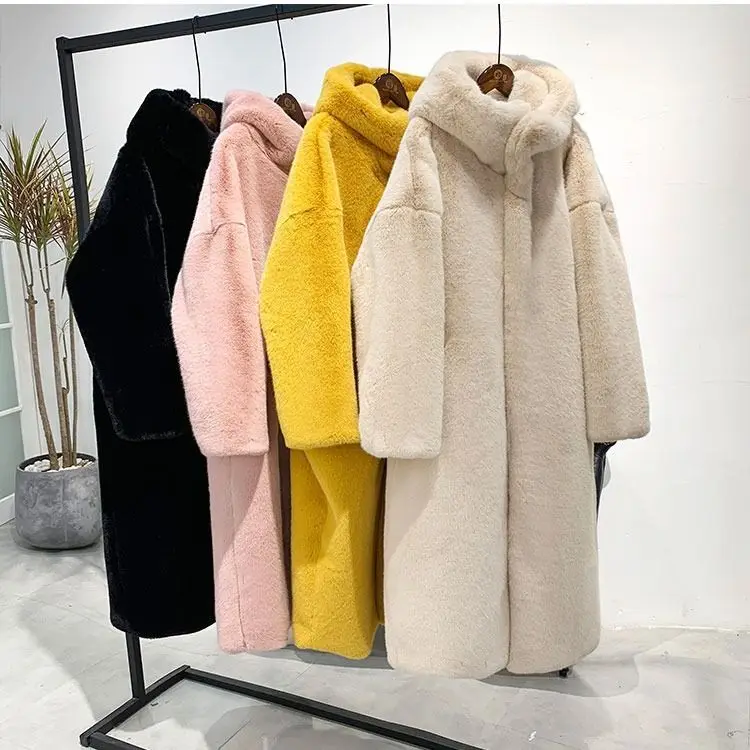 Autumn and Winter New Imitation Mink Fur Mink Coat Thickened Long Loose Hooded Coat for Women Light Luxury