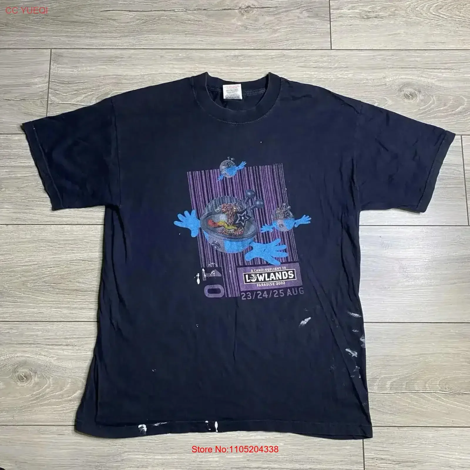 A Campingflight to Lowlands Paradise 2002 Festival T Shirt Size L Vintage Ripped Washed Stretched streetwear fashion vintage