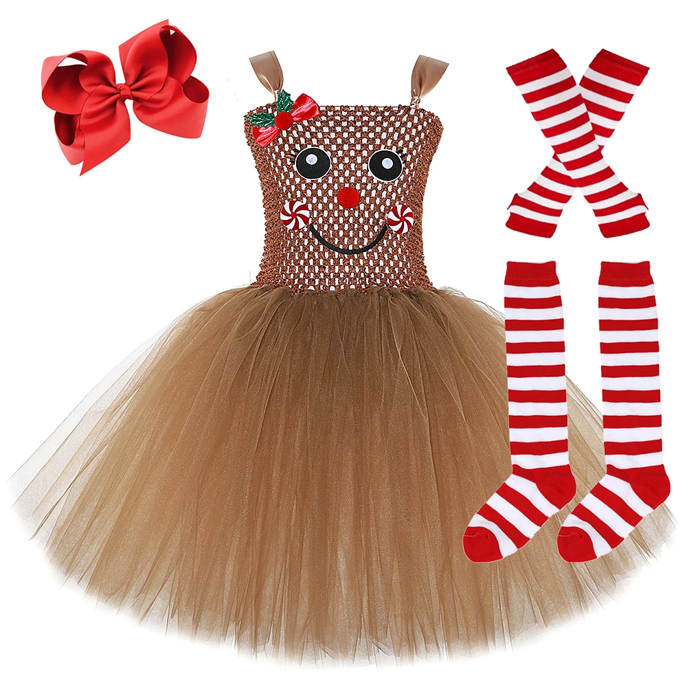 Girls Christmas Gingerbread Tutu Dress Brown Santa Gingerbread Man Costume Kids Toddler Xmas Holiday Carnival Party Dress Up