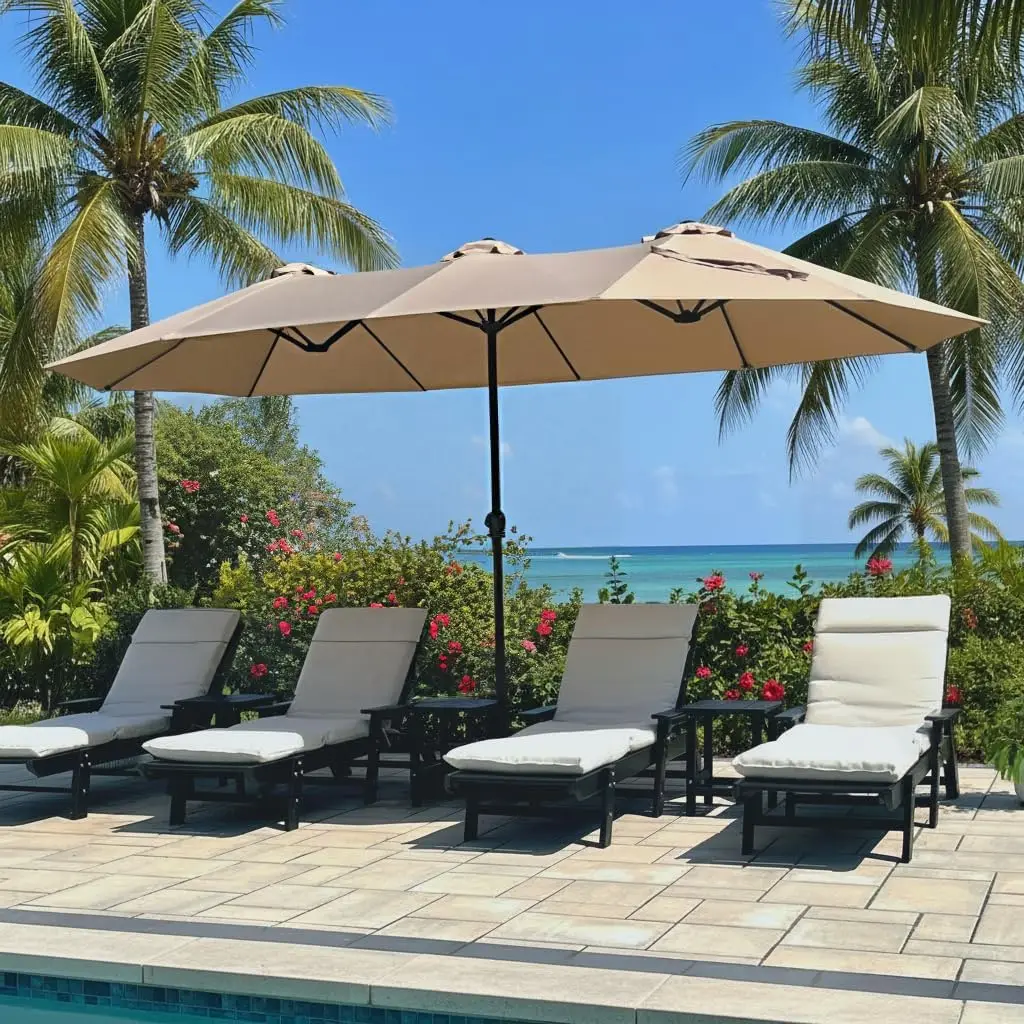 15 By 9 Foot Large Outdoor Patio Double Sided Umbrella With Base Included Heavy Duty Rectangular Market Table Sunshade Canopy With Crank Handle For Backyard Poolside Deck Beige