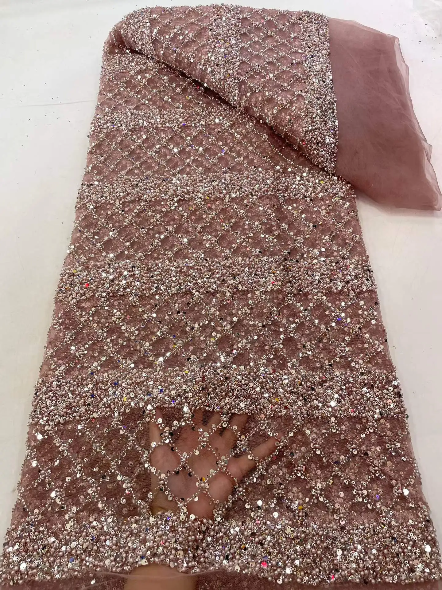 Hot Pink African Nigerian High-Quality Sequins for Prom Dresses Beads Tulle Lace Fabric Embroidery Sewing Net Cloth 5Yards 3396 - view 5