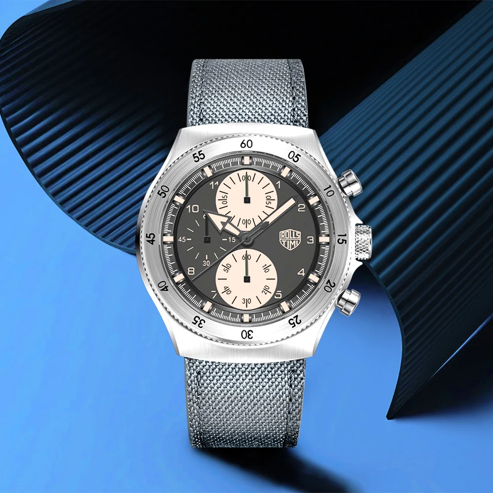 

2025 new men's fashion quartz watch top luxury sapphire TMI VD55 gray nylon men's chronograph sports waterproof luminous watches