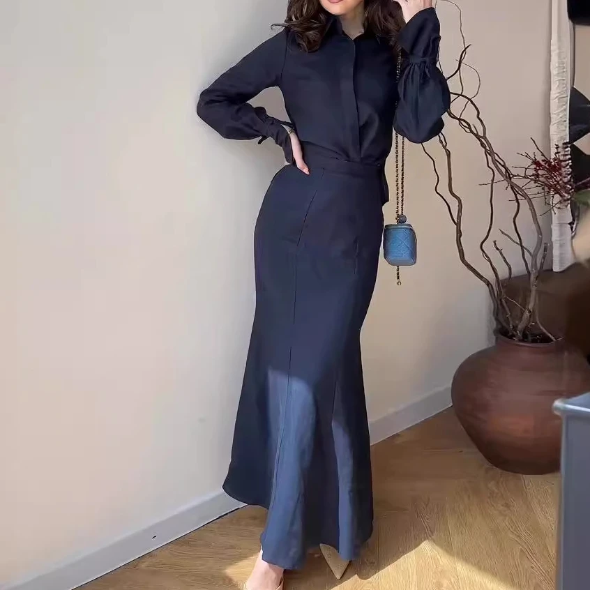 

Women's Breathable Casual Elegant Professional Commuter Style Two-piece Shirt Long Skirt Set for Women Temperament Commuting