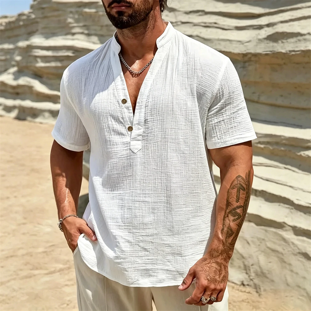 Herren-T-Shirt aus Baumwolle, kurzärmelig, V-Ausschnitt, modisch, schlichter Stil, einfarbig, leicht, weicher Stoff, lässige klassische Oberteile für Herren