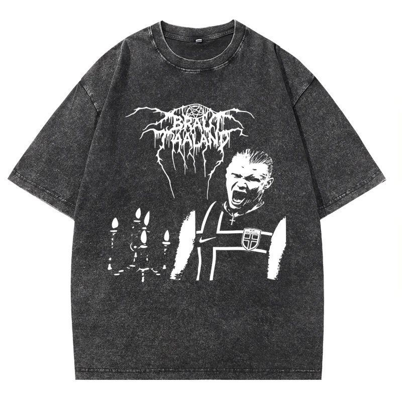 Erling Haaland Black Metal T-Shirt for Men Women Vintage Norway Soccer Tee Gothic Round Neck Short Sleeve T Shirts Cotton Tees