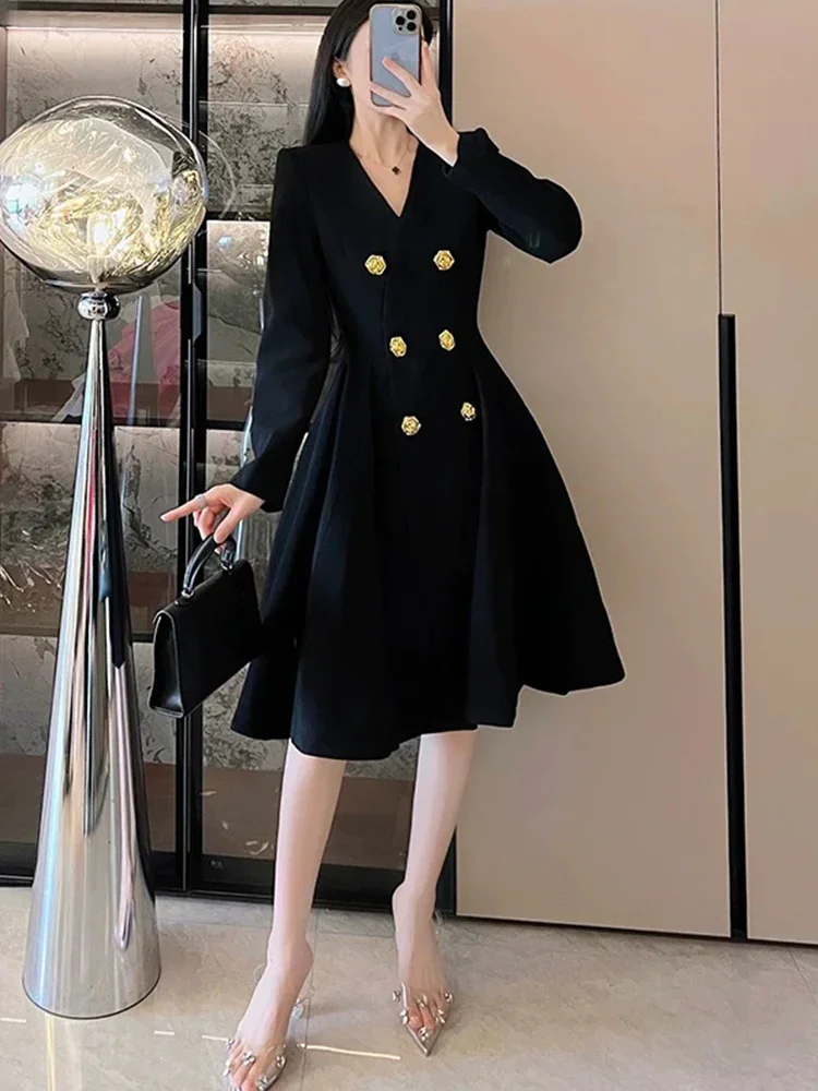 Fashion solid color double-breasted long-sleeved suit dress waist spring and autumn women's new temperament slim A word long ski