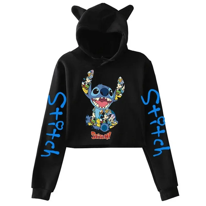 Kawaii lilo and Stitch Disney Hoodie Crop Top Women Sweatshirt Kids Boys Girls Harajuku Streetwear Clothes Hoodies Cropped