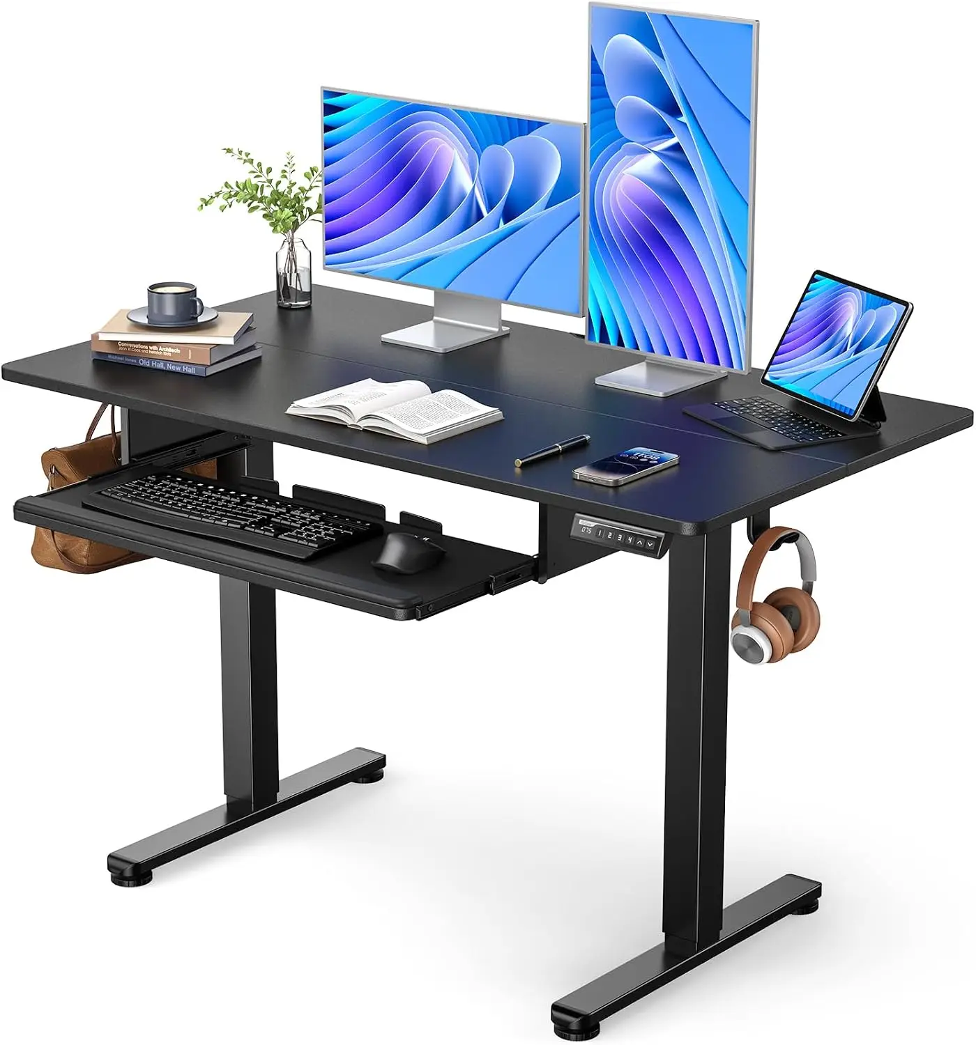 Adjustable Height Electric Sit Stand Up Desk 48X24 Inches Black Full Size Keyboard Tray Home Office Computer Workstation