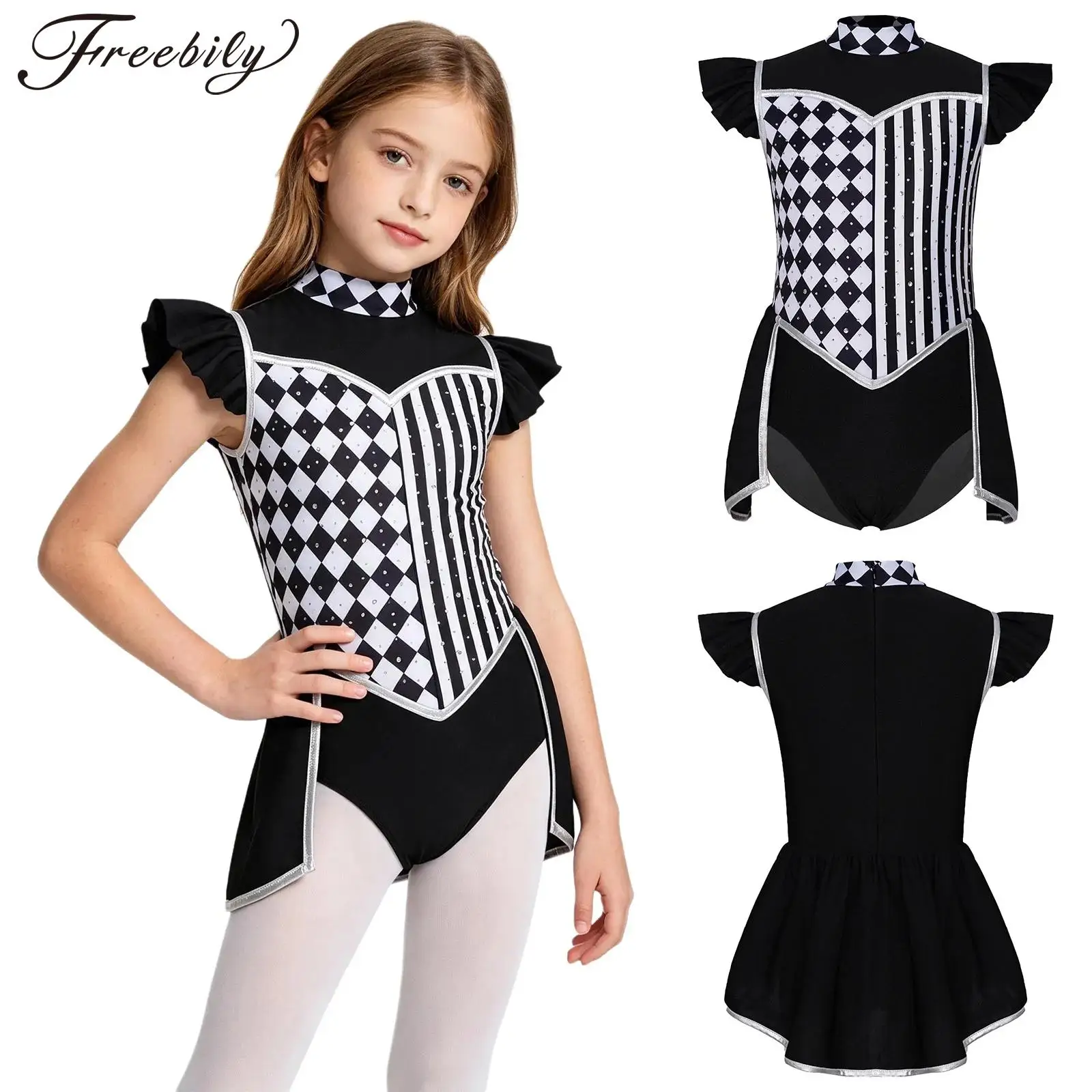 Kids Checkerboard Stripes Gymnastic Bodysuit for Masquerade Performance Girls Ballet Dance Leotard Circus Clown Costume Jumpsuit