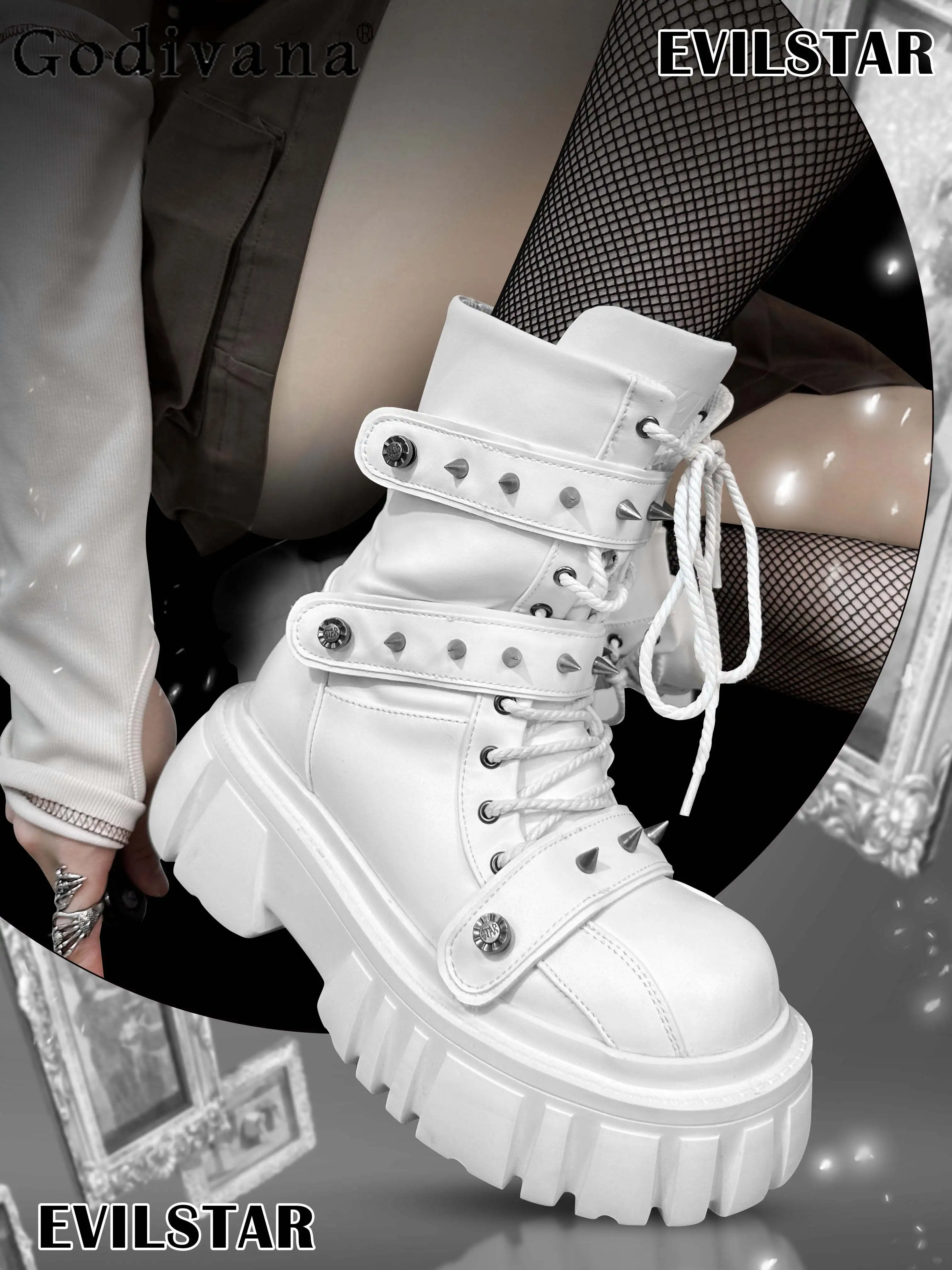 

Y2K Subculture Japanese Original Lolita Sweet Cool Girl Thick-Soled Platform Shoe Commuting Rivet Lace-Up Punk Style Short Boots