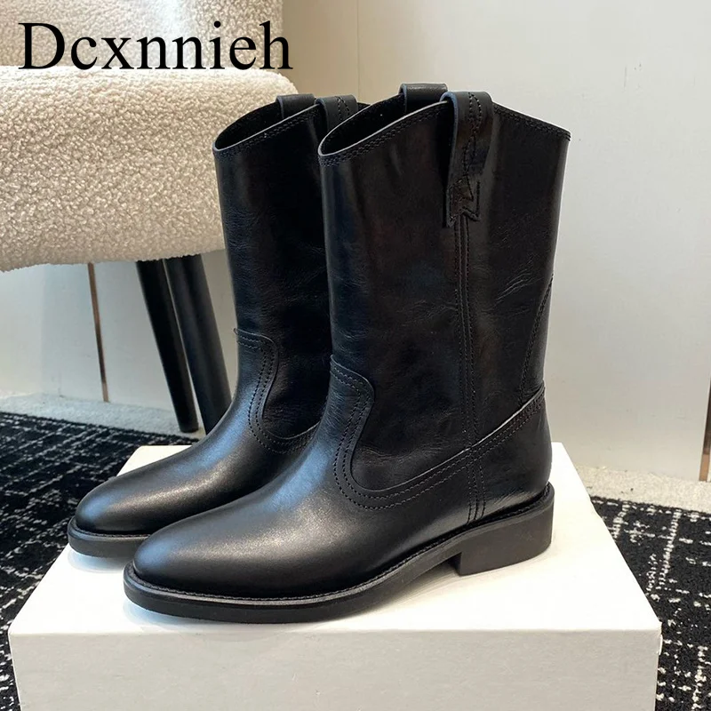 

New Women British Style Solid Color Chelsea Boots Genuine Leather Retro Mid Calf Boots Autumn Winter Western Cowboy Boots