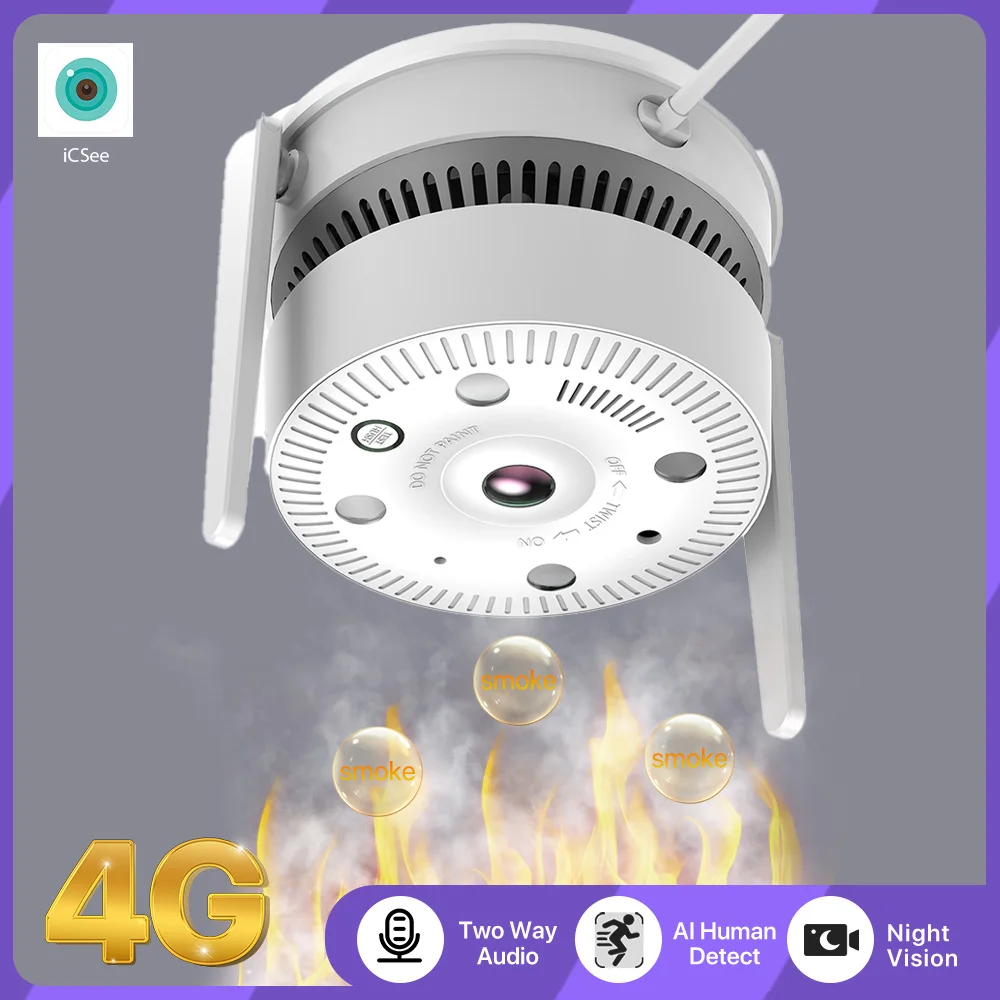 كاشف الدخان الذكي 4G كاميرا 3G بطاقة Sim المنزل بانورامي 4MP HD لغرفة صالون المطبخ متجر جهاز استشعار إنذار فحص الحرائق iCsee