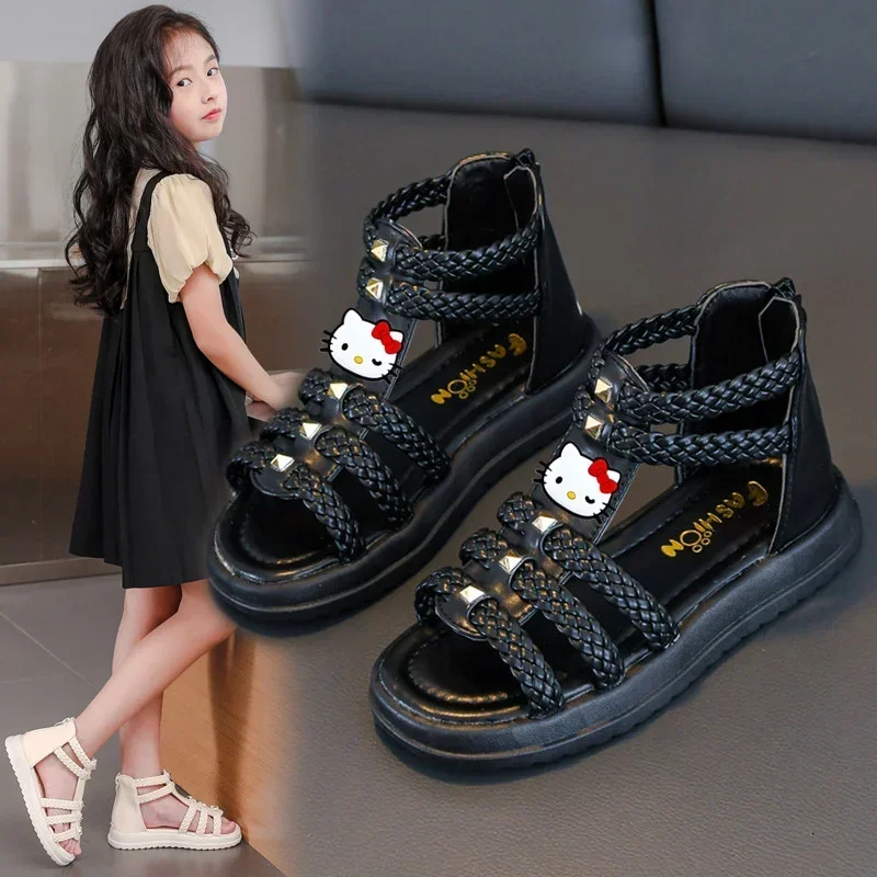 Sanrio-Sandalias de hello kitty para niñas, zapatos de princesa con punta abierta, suela suave, para playa, 2024