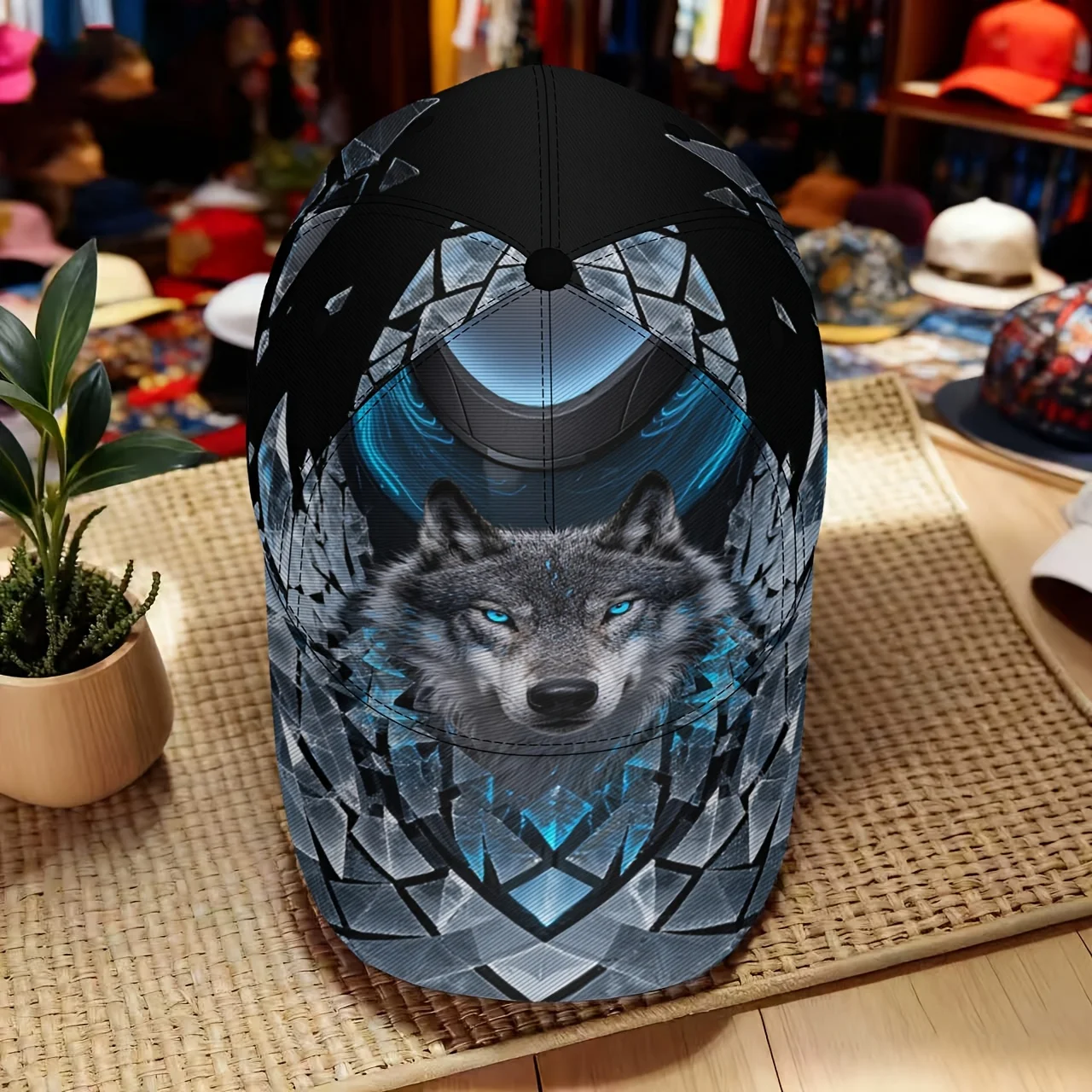 Customization Urban Curved-Brim Cap By Ice Wolf Showcases A Stunning Design Of A Regal Wolf With Luminous Blue Eyes, Surrounded