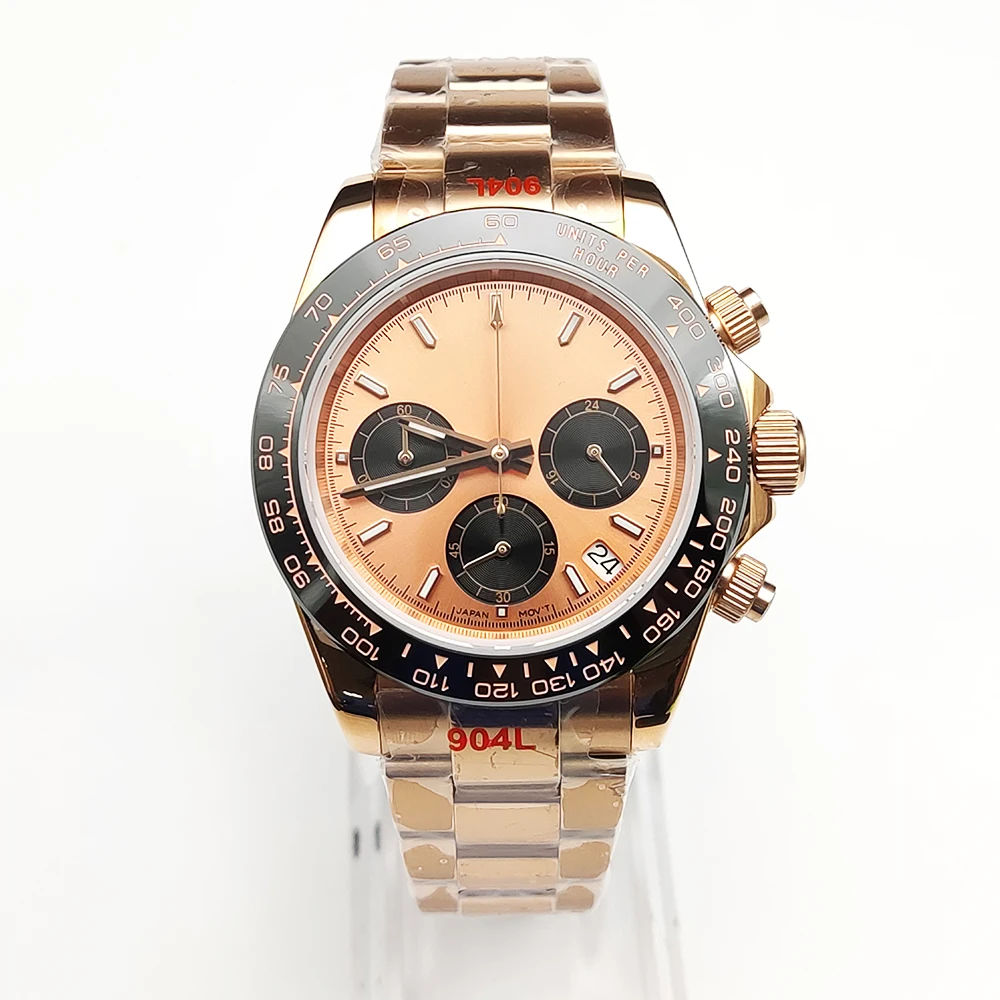 PARNSRPE 40mm goldene Edelstahl multifunktion ale Business VK63 Quarzuhren für Männer Chronograph Saphirglas Datum Gummi armband 3