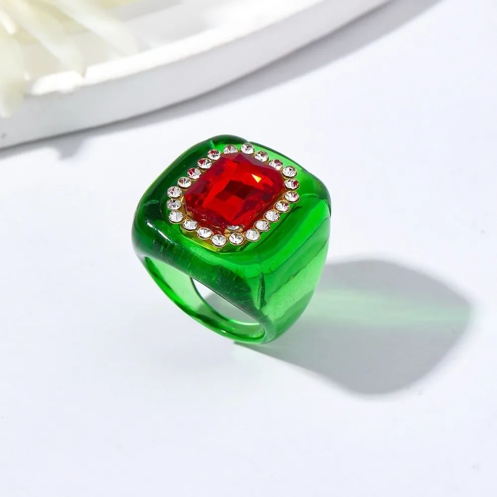 Fashion Resin Rhinestones Ring Geometric Three-dimensional Finger Ring Elegant Jewelry Colorful Square Ring for Women
