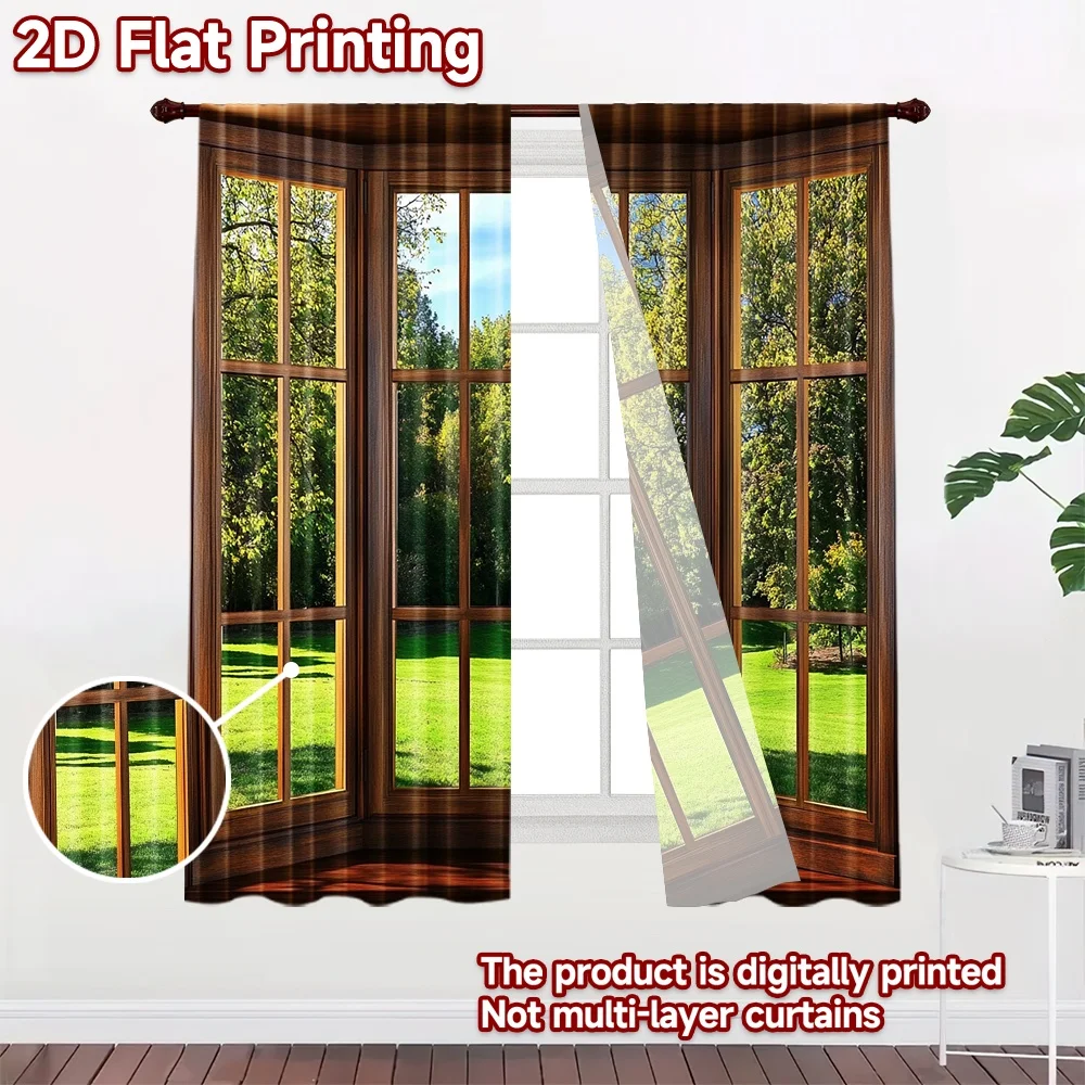 2D flat 2pcs Curtain French Romantic Style Sunny Garden View Durable polyester fiber Festive Curtains for Door Wall Yard All