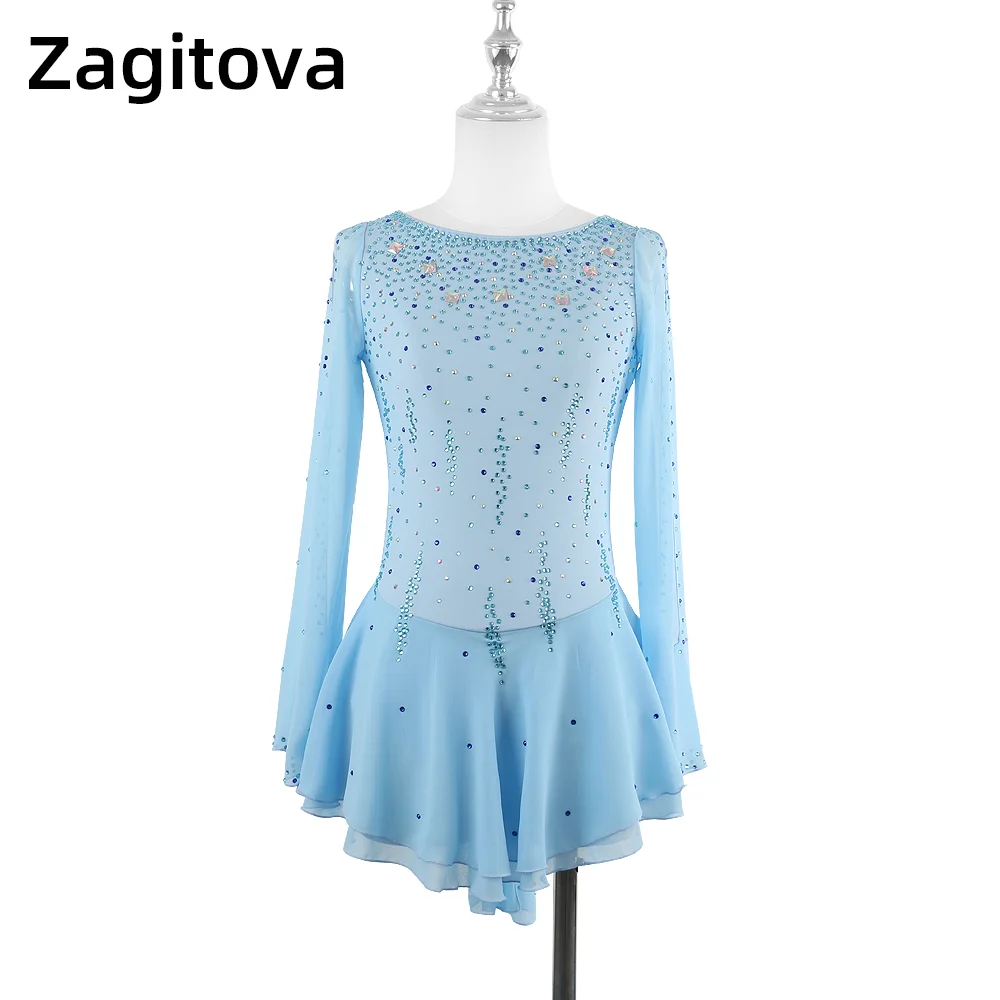 

Zagitova Figure Skating Dress For Women Girls Ice Skating Clothes Long Sleeve Water Blue With Shiny Rhinestone