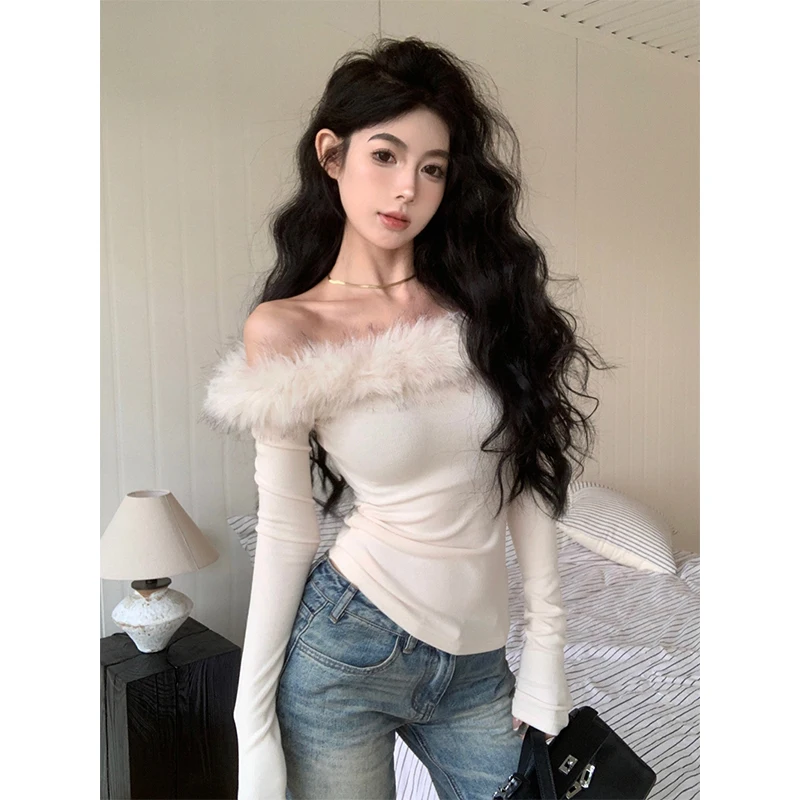 

Y2K Slash Neck T Shirt Women Streetwear Sexy Faux Fur Patchwork Crop Tops Autumn Gyaru Fashion Korean Long Sleeve Slim Tees New