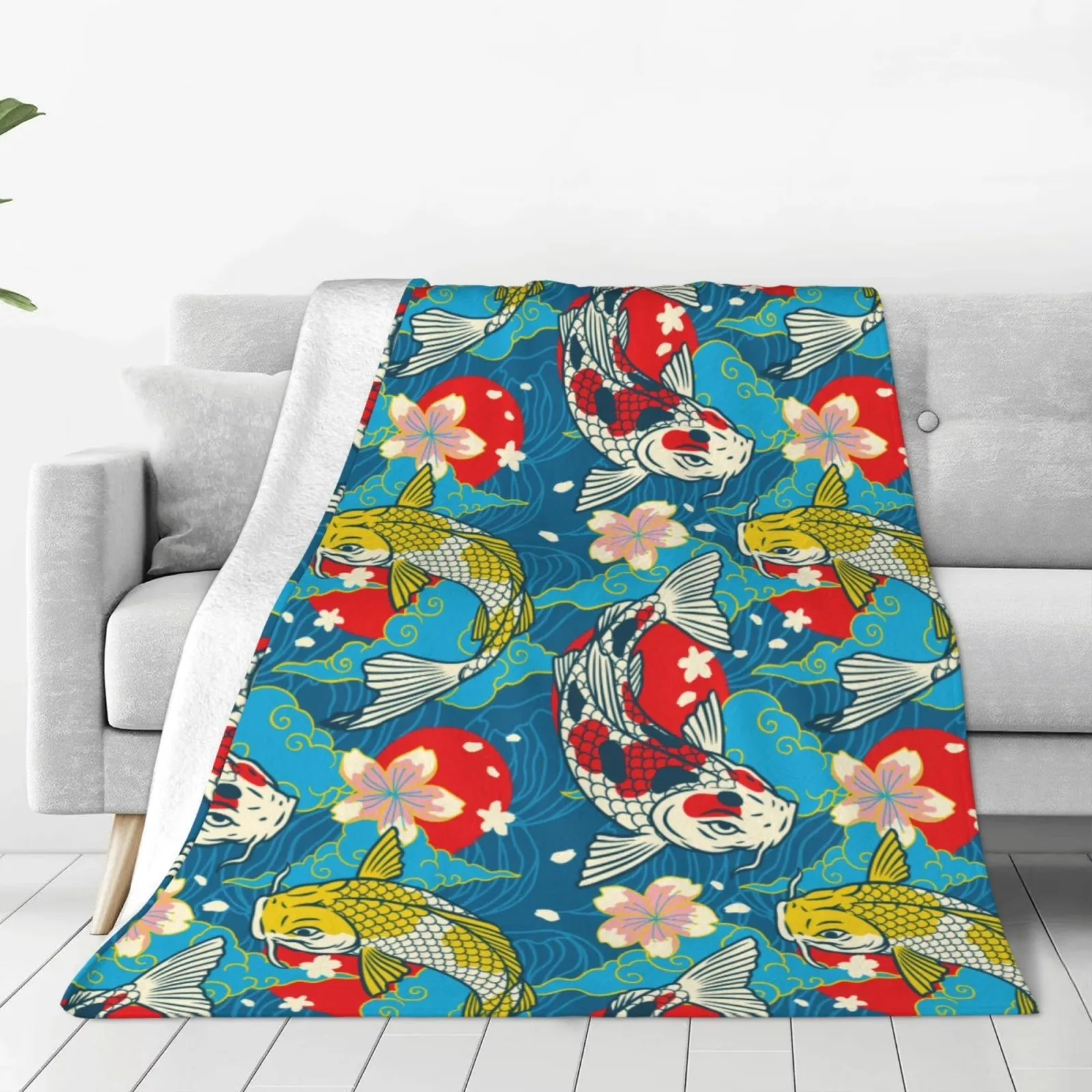 Japanese Koi Fish Print Fleece Throw Blanket Plush Fluffy Large Blanket for Sofa Couch