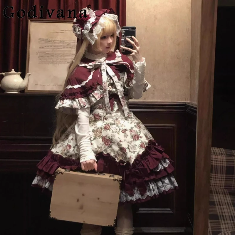

Original Japanese Lolita Style JSK Cloak Set New Women's Slim Fit Rose Print Lace Bow Tea Party Dress Set 2026 Spring Summer