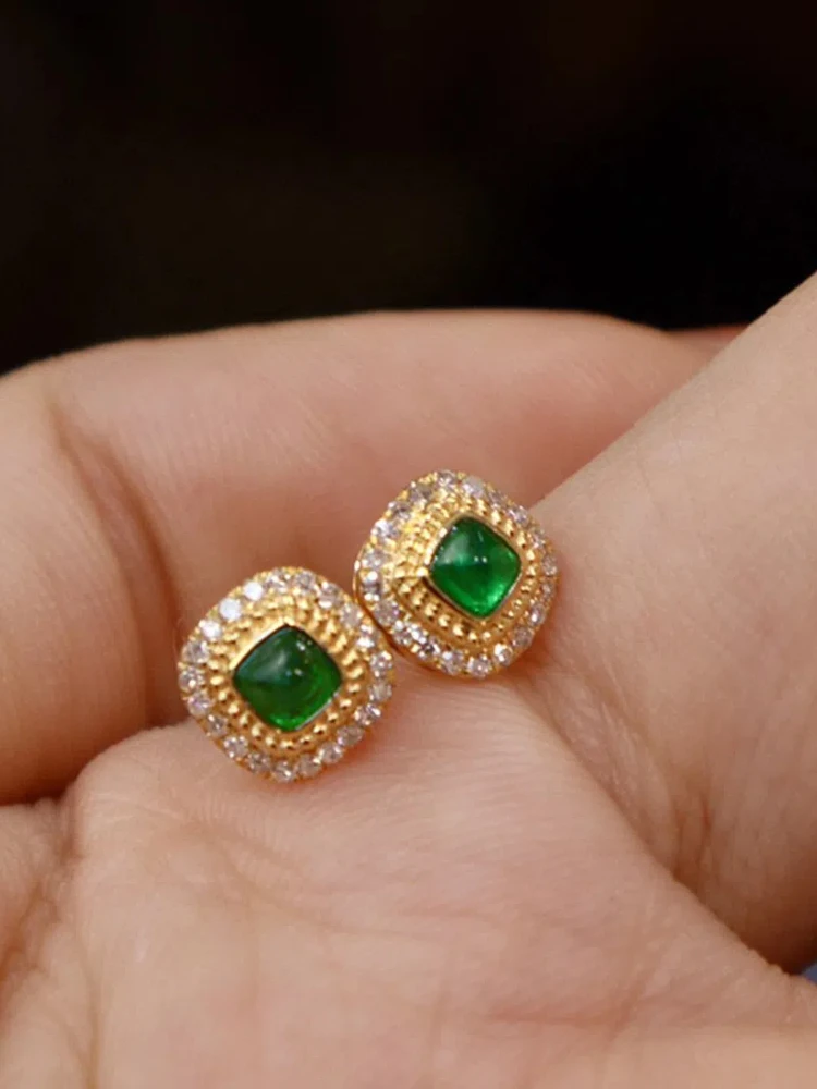 

Golden S925 Sterling Silver Earrings Women's Green Zircon Square Vintage Luxury Jewelry for Daily Wear Holiday Party Gifts