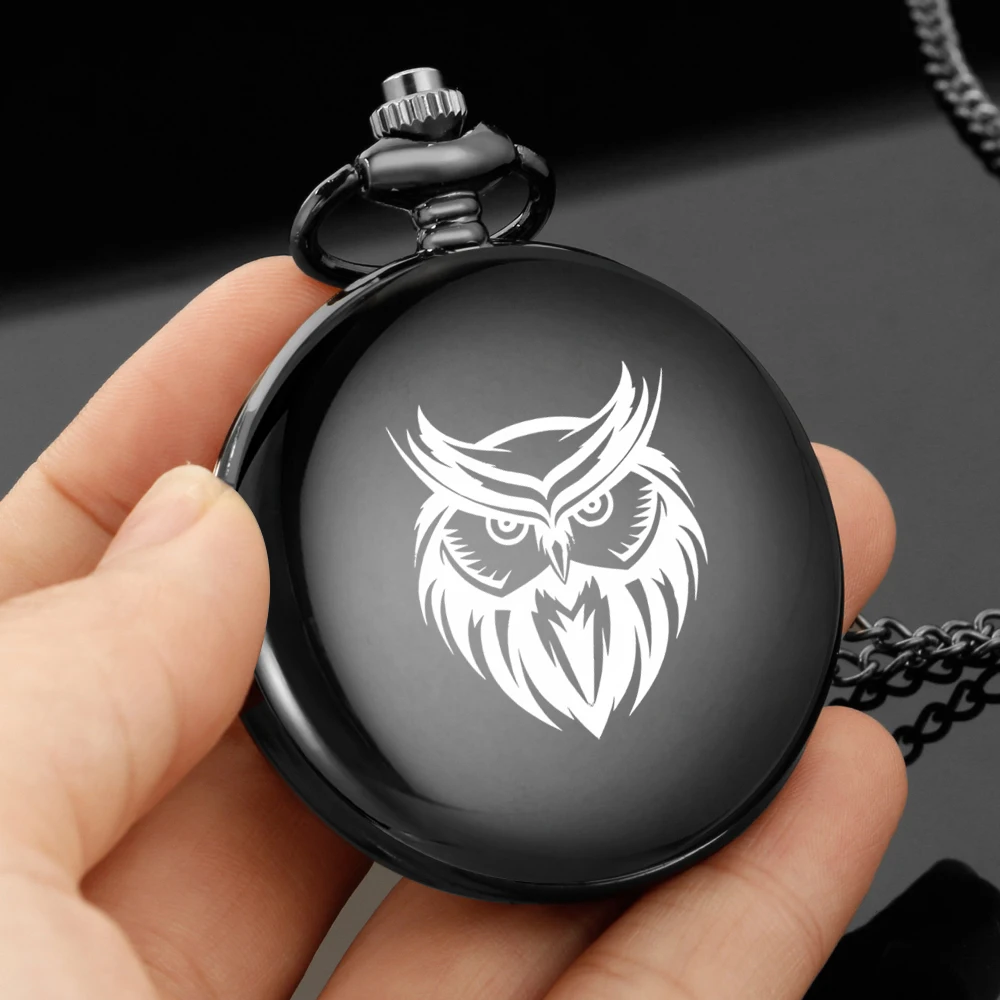 The Owl design cool style carving english alphabet face pocket watch a chain orologio al quarzo nero regalo perfetto