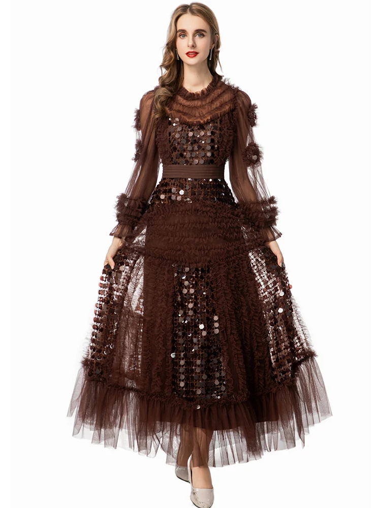 DSFACAIRIJ 여성 스팽글 메쉬 롱 드레스 오-넥 랜턴 슬리브 프릴 빈티지 파티 가을 패션 여성 의류