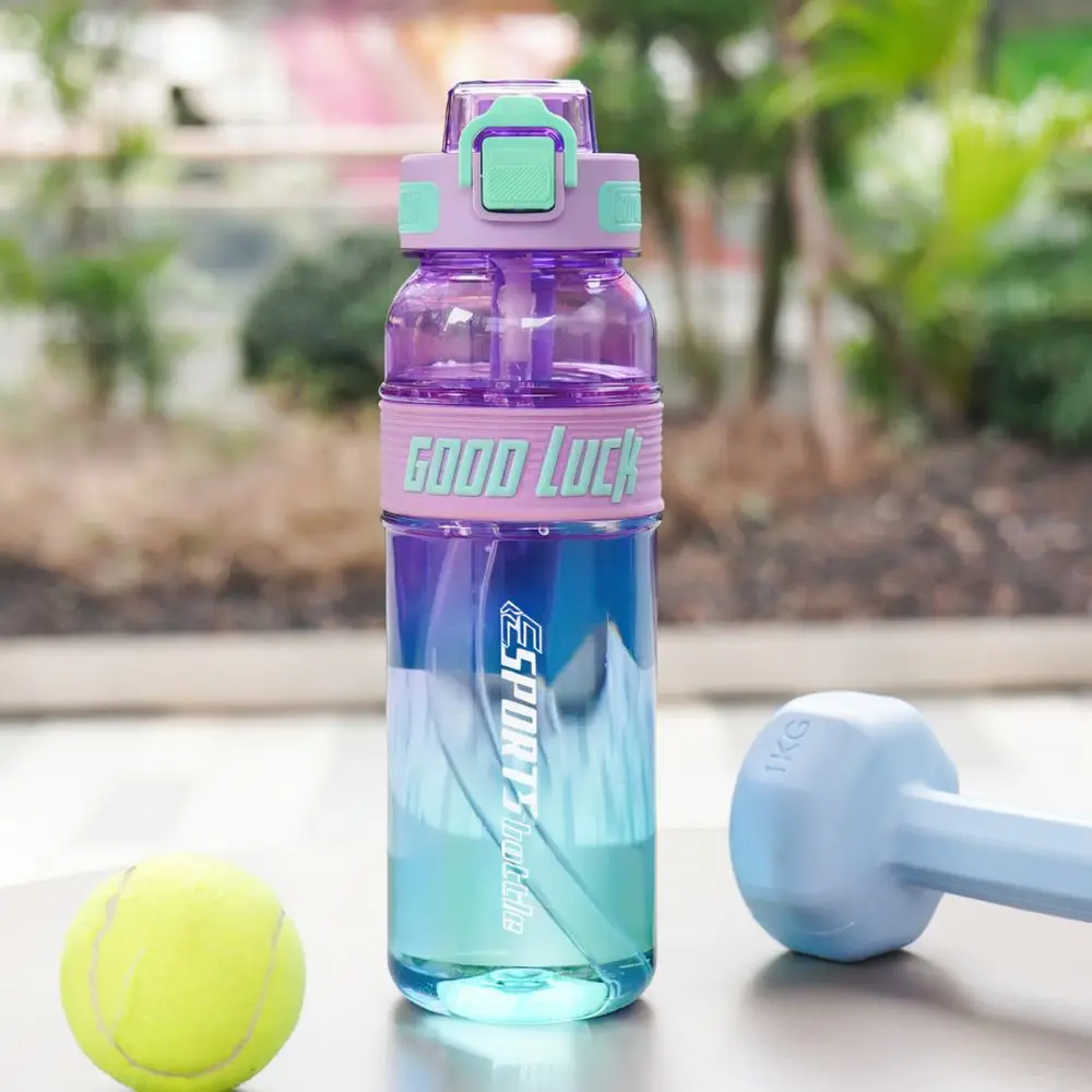 Fashion Gradient Color Sports Flask Plastic Water Bottle With Straw For Gym Yoga Running School Office Accessory