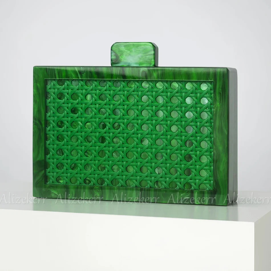 Woven Rattan Acrylic Box Evening Bags Women New Summer Luxury Designer Boutique Green Square Clutch Purses And Handbags Wedding