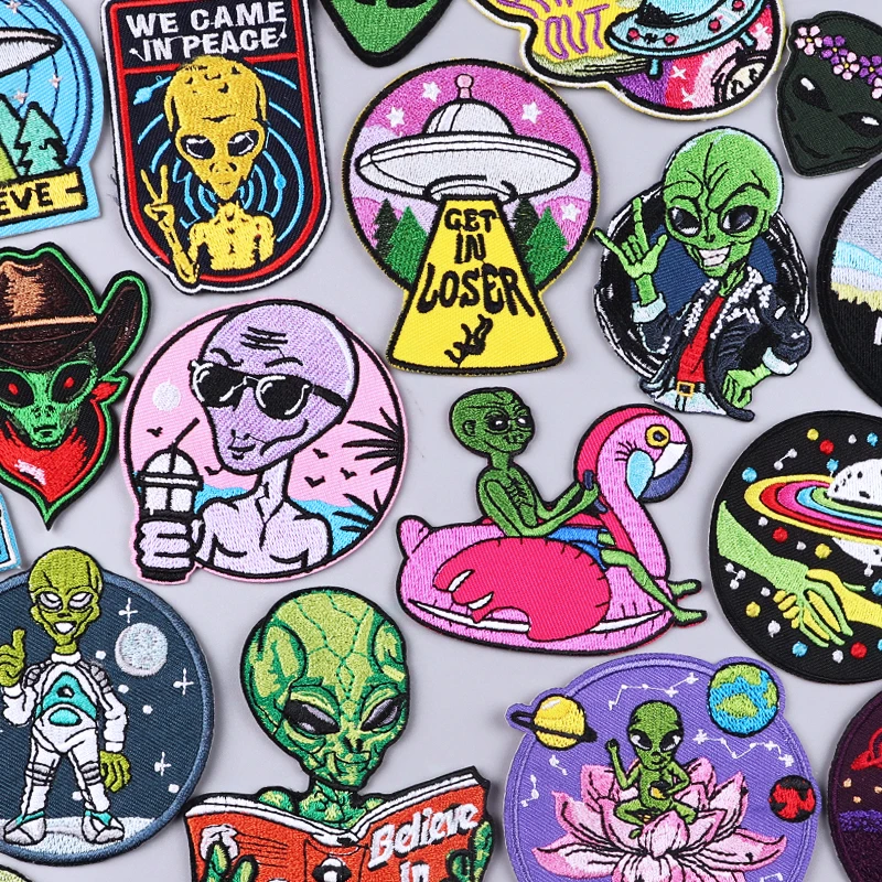 

Prajna Alien Embroidered Patches On Clothes DIY Space UFO Applique Clothing Thermoadhesive Patches for Clothing Stickers Badges