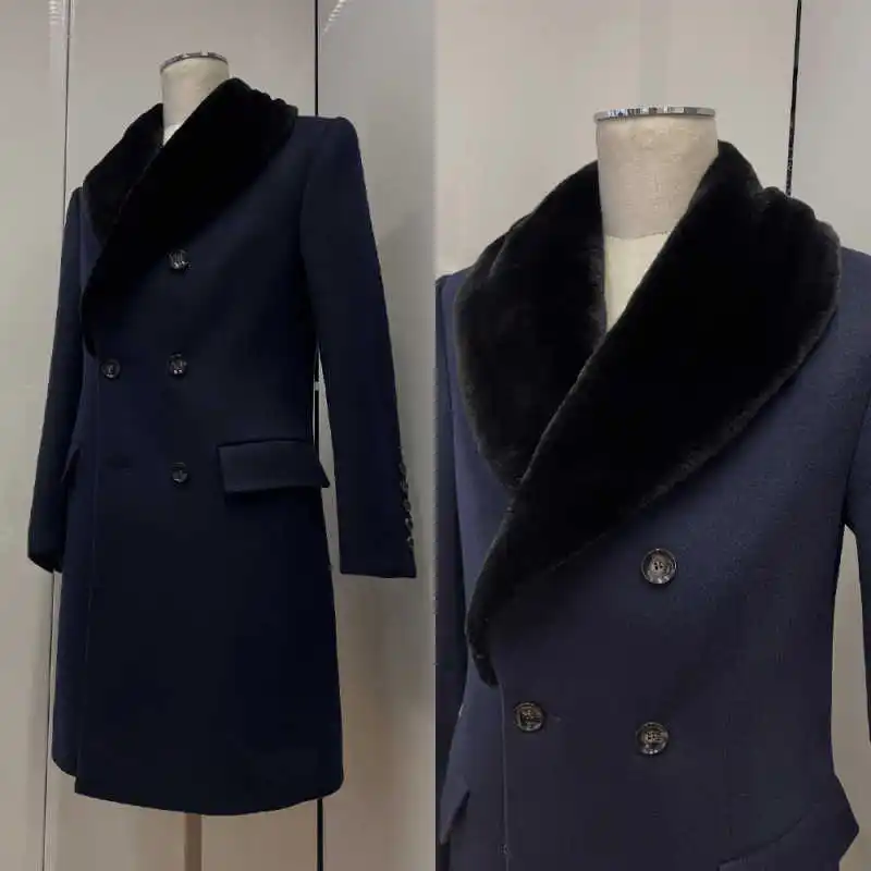 Warm Men  Coat Faux Fur Double Breasted 1 Piece Set Man Overcoat Fashion Wool Blend Shawl Lapel Business Blazers Customized