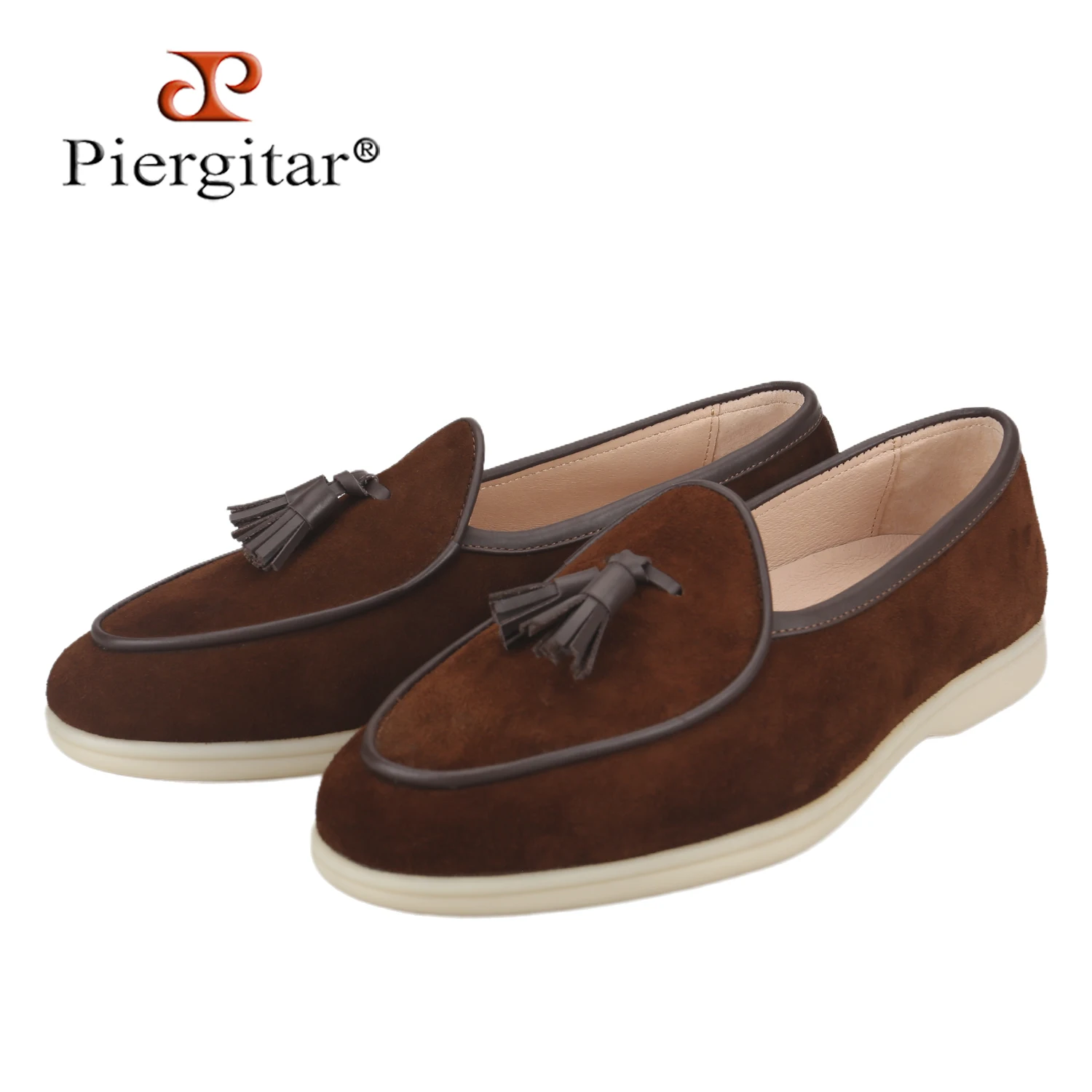 Piergitar Classic Style Cow Suede Handmade Men Tassels Loafers Luxury Brand Same Model Summer Walk Shoes For Daily Casual Wear
