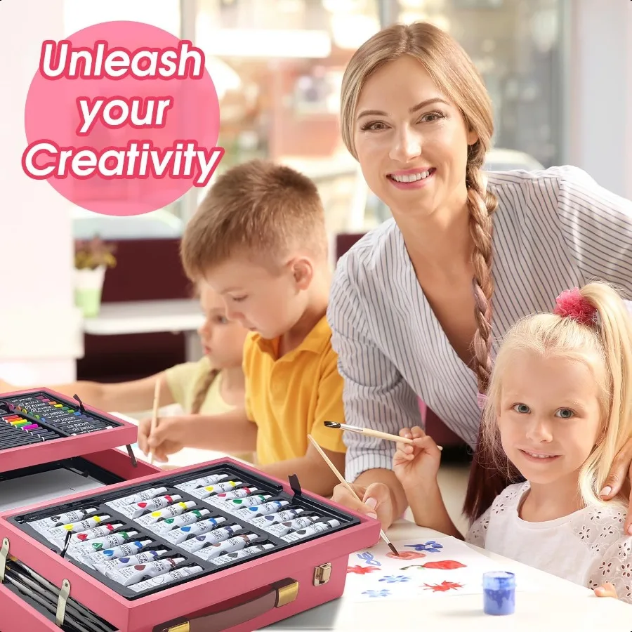 Paia d'arte Set d'arte in legno deluxe Kit di pittura da disegno artigianale con 2 blocchi per schizzi Pastelli ad olio Colori ad acquerello acrilico Creativo G