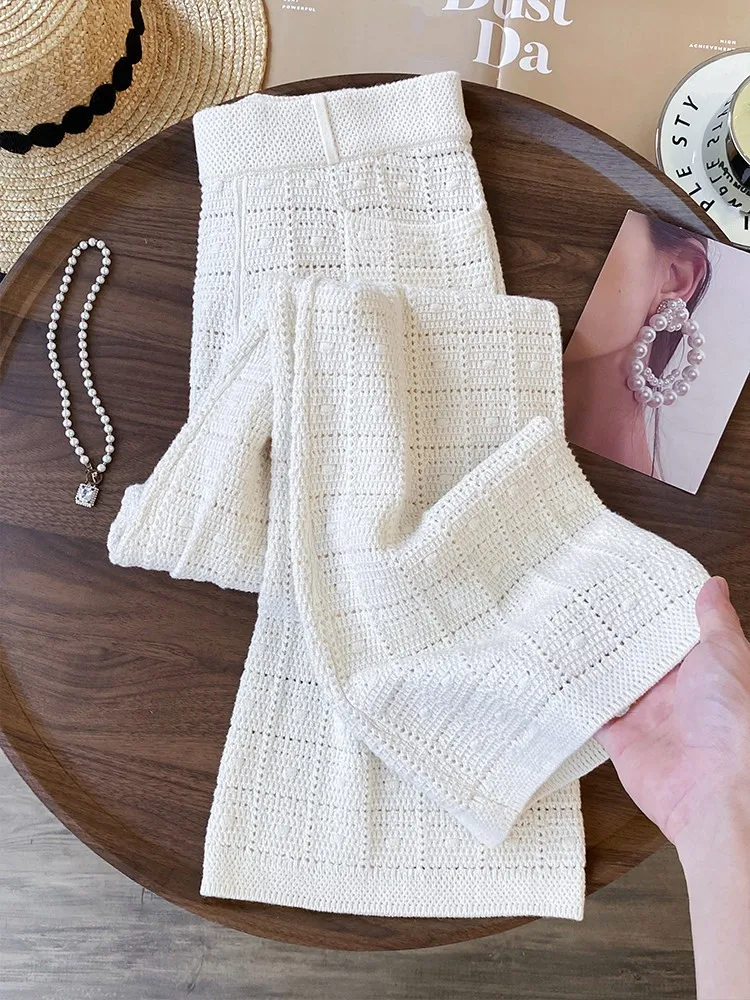 Spring Summer Womens High Waisted Knit Straight Pants Work Ladies Loose Breathable Wide Leg Pant Elastic Waist Casual Trousers