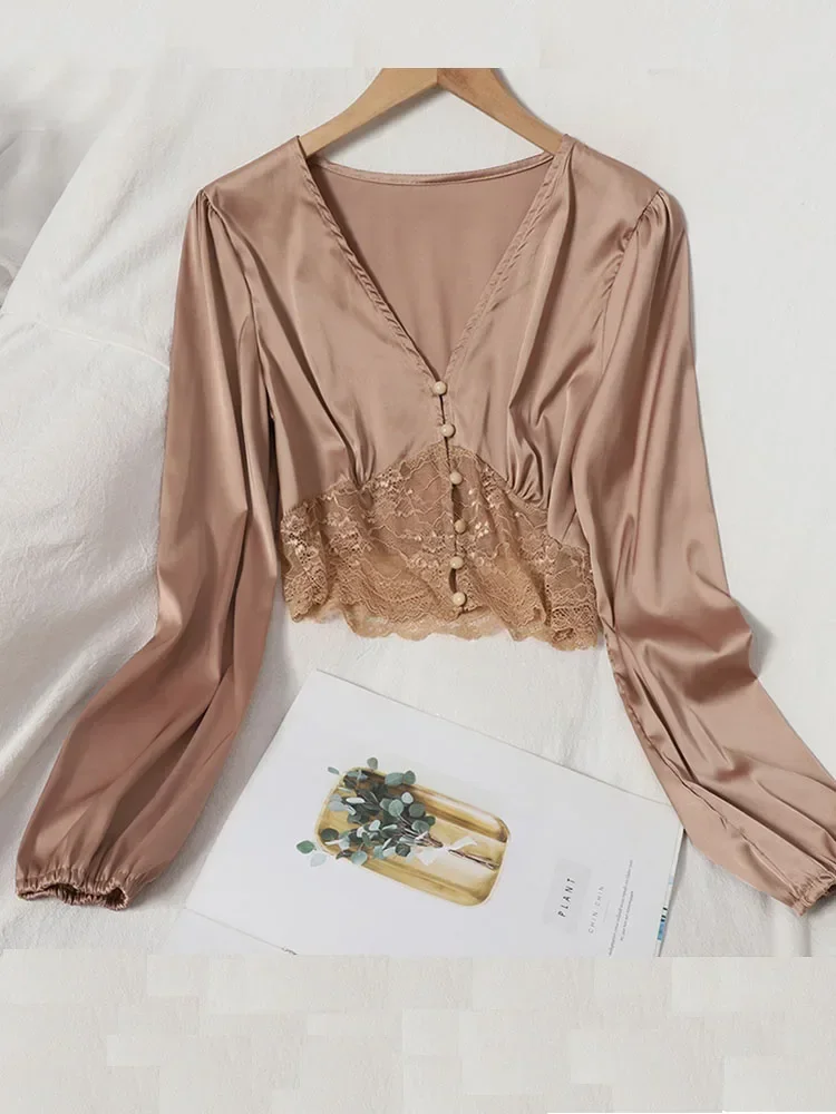 Autumn Spring Blouse V-neck Button-breasted Lantern Sleeve Satin Short Shirt Female  Splicing Lace Solid Color Tops GX1157