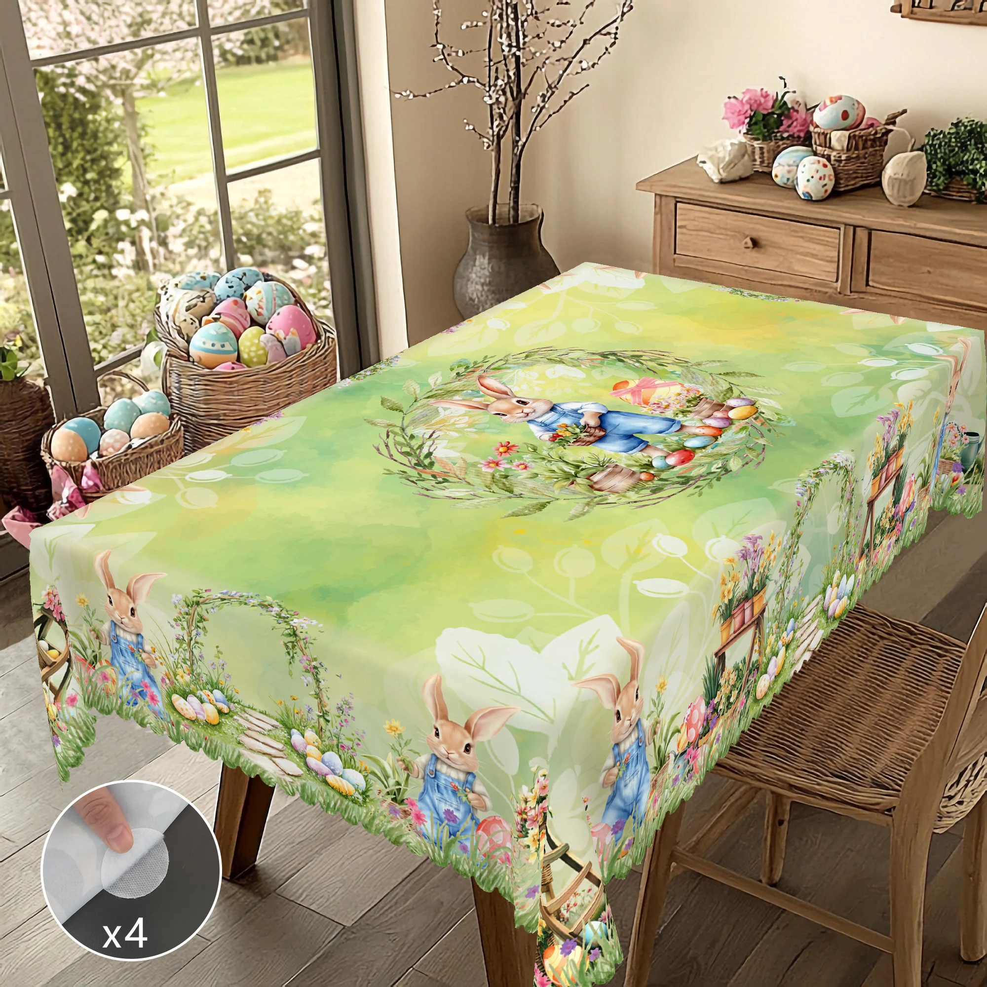 1 Easter Round Tablecloth, 5 Sizes Available, Retro Style Garden Easter Bunny Egg Print Tablecloth, Edge Embossing Process, Spring Garden Tablecloth