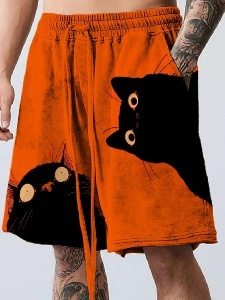 

Men's Black Cat Peeking Print Casual Shorts Fashion Elastic Waisted Bohemian Beach Short Pants 2025 Summer Holiday Bottoms Male