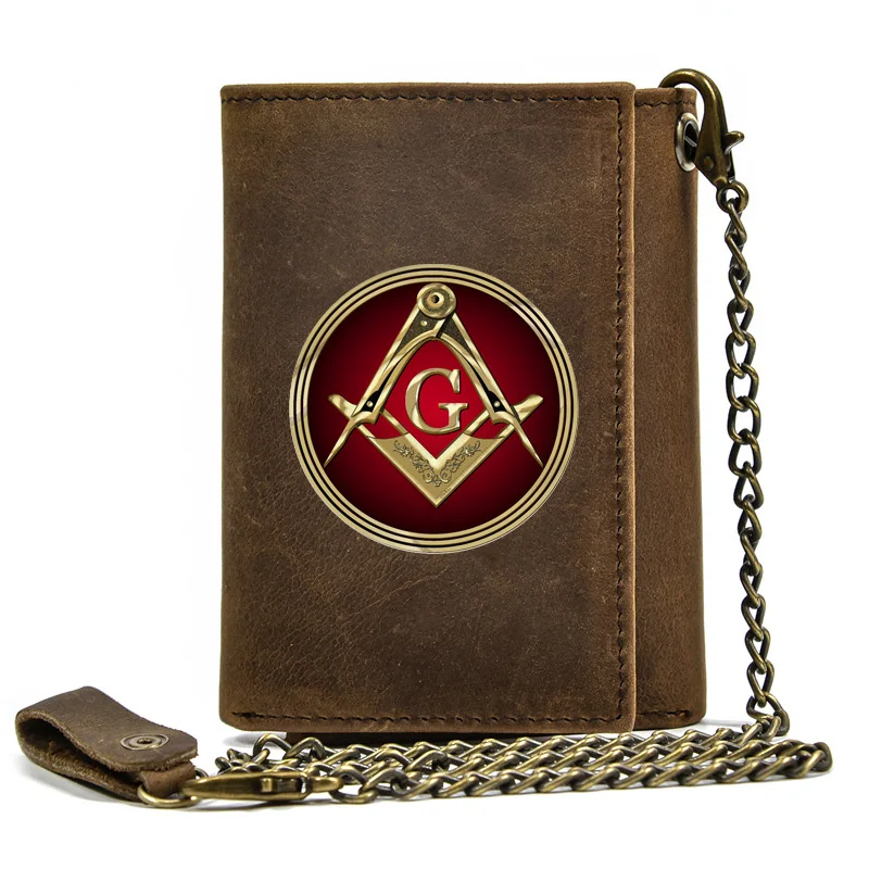 

Luxury Men Genuine Leather Wallet With Iron Chain Classic Freemason Signs Printing Card Holder Anti Theft Short Purse BT3500