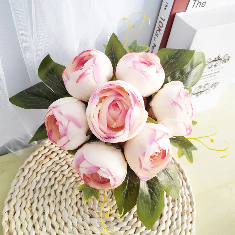 Artificial Tea Rose Flower Wedding Decor Bride Holding Flower Bouquet Home Room Decoration 7 Flower Heads 1 Bunch Photo Props