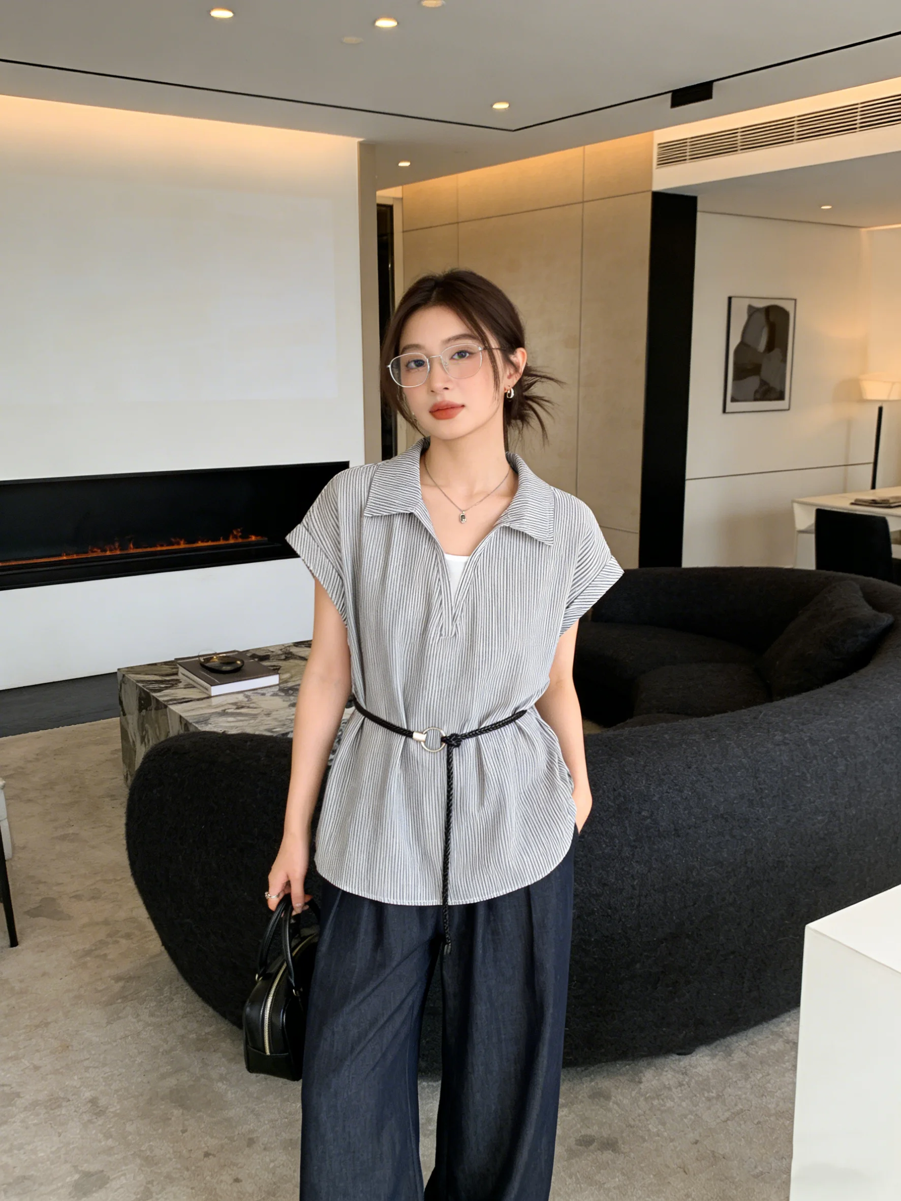 

Retro Korean Sle Striped irt Fake Two-Piece ort Sve Breathable Slimming Top for Spring Summer Versatile Commute