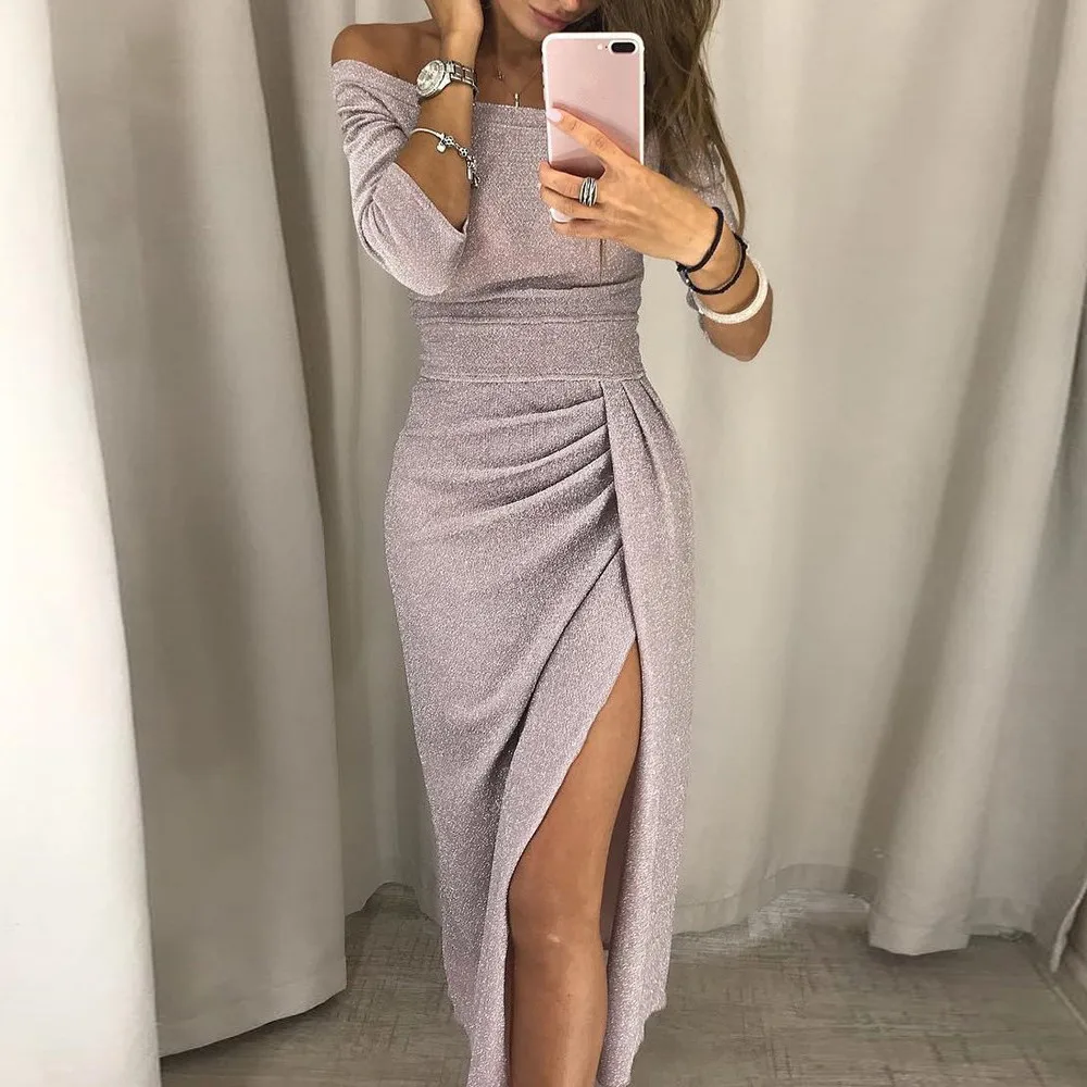 Bright Glitter Bodycon Dress Women Sexy Off Shoulder Long Sleeve Slit Fashion Elegant Evening Party Long Dress Female Clothes