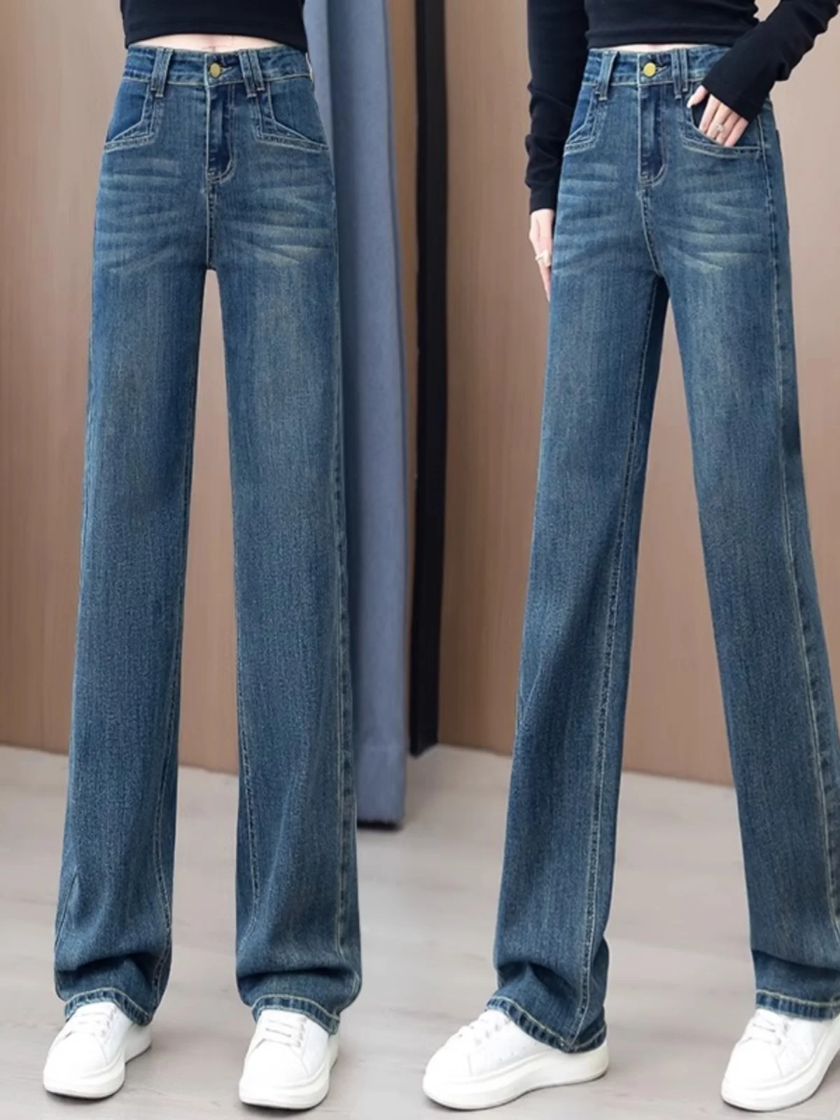 Retro Cement Grey Slim Straight Denim Jeans Women's Winter Thickened High Waist Long Pants Wide Leg Jeans Nine Points