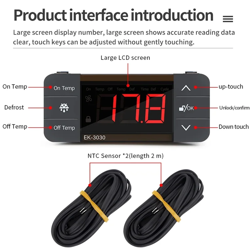 FAAJ-Digital Temperature Controller 220V Cool Heat Switch Refrigerator Refrigeration Defrost Thermostat Sensor(EK-3030) Easy Ins