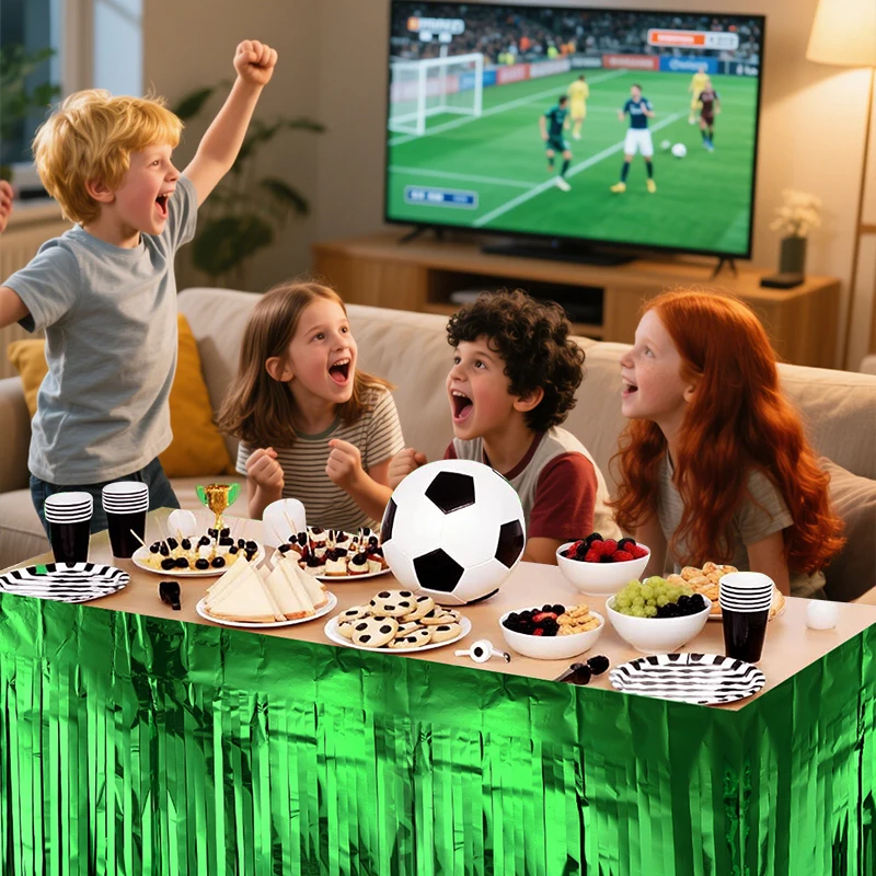 Fußball-Party Tischdecke mit Quasten und Fußball-Aufkleber für Kinder und Erwachsene, Sportthemen-Geburtstagsparty-Dekoration, Tischdecke – Detail 3