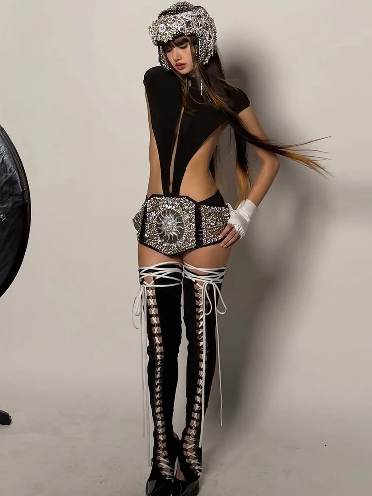 Weird Puss Hottie Hollow Bodysuits Damenmode Klassischer Rollkragen Ärmellos Stretch Skinny Wild Midnight Party Streetwear – Detail 6