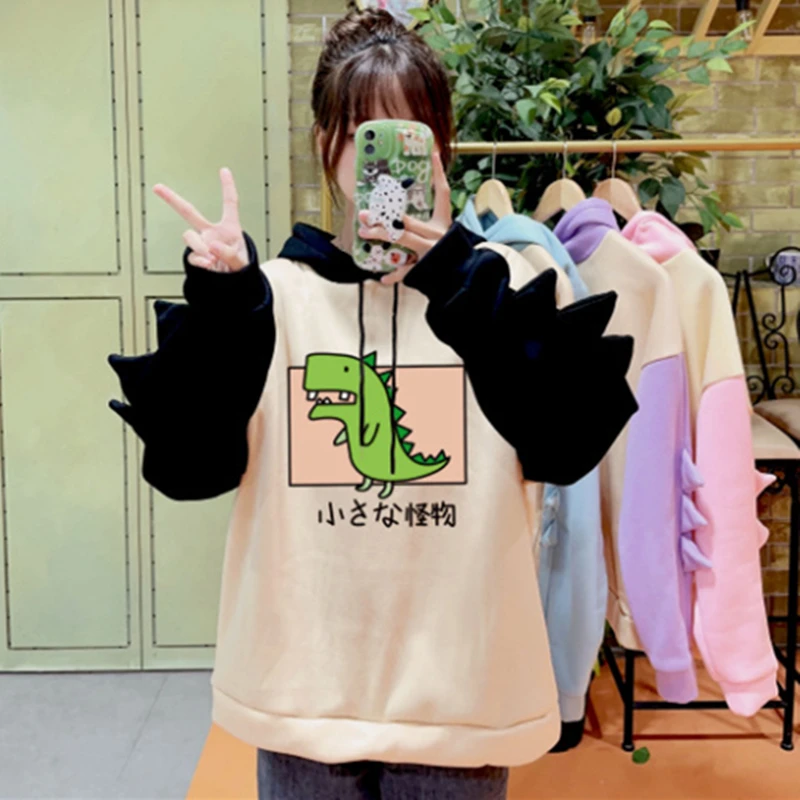 Y2K Style Women Dinosaur Hoodies Cute Horns Hooded Sweatshirts Autumn Winter Hawaii Pullovers Halloween Teenager Matching Wear