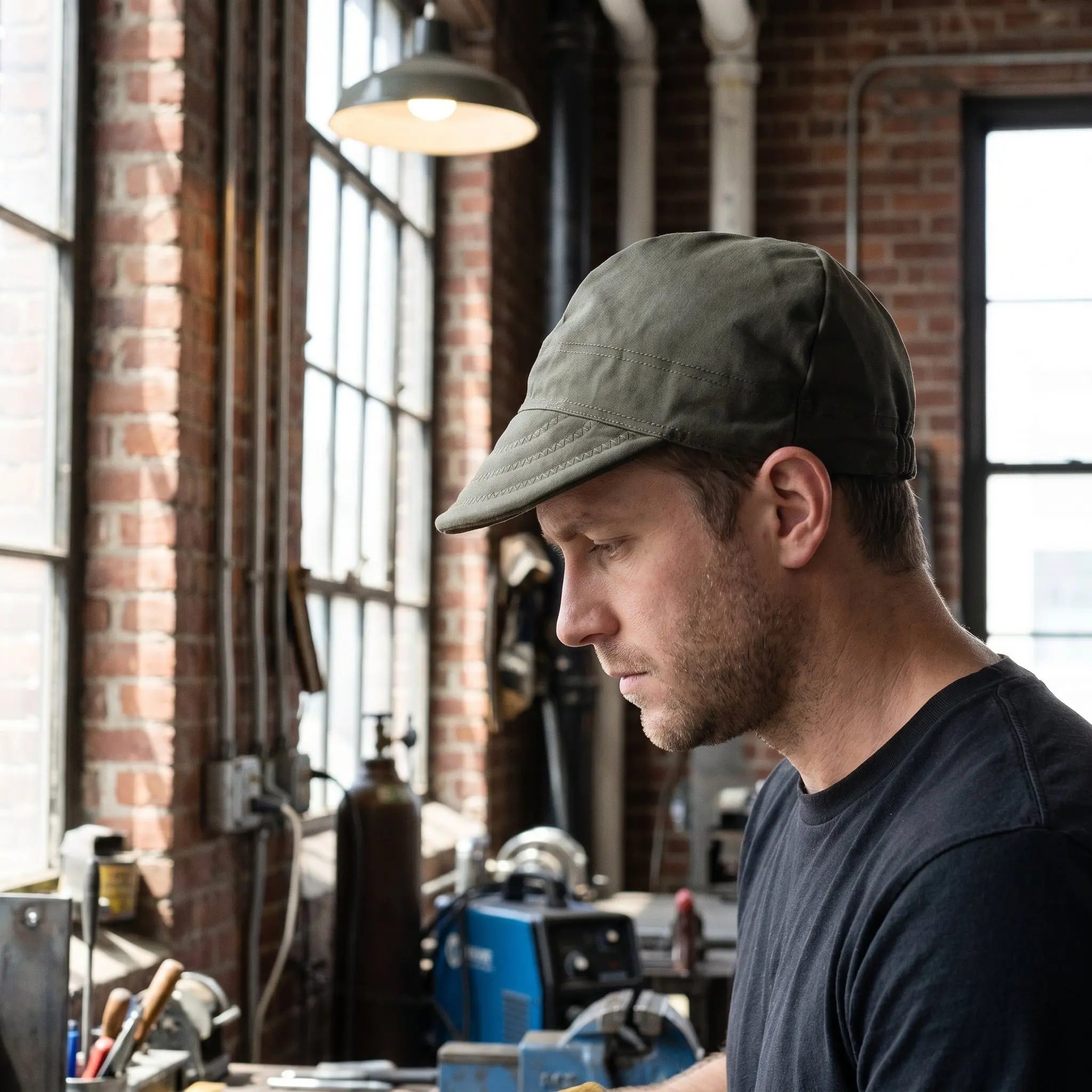 Breathable Welding Cap Olive Resistant Lightweight Cotton Skull Hat with Mesh Liner for Men Mechanics Construction