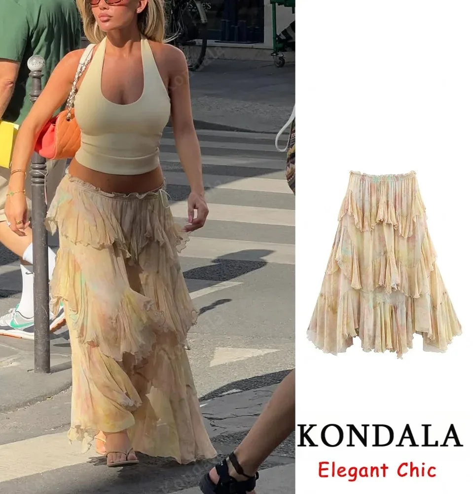 

KONDALA Fall Women Elegant Hippie Skirt Gradient Print Tiered Ruffled Long Skirt Fashion 2025 Summer Vacation Boho Lady Skirts