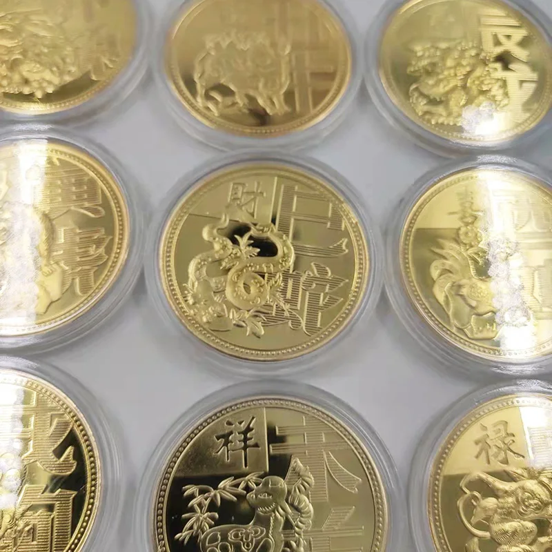 Moneda coleccionable chapada en oro de 12 animales para la suerte, conejo chino Feng Shui, dragón, serpiente, caballo, monedas conmemorativas de Año